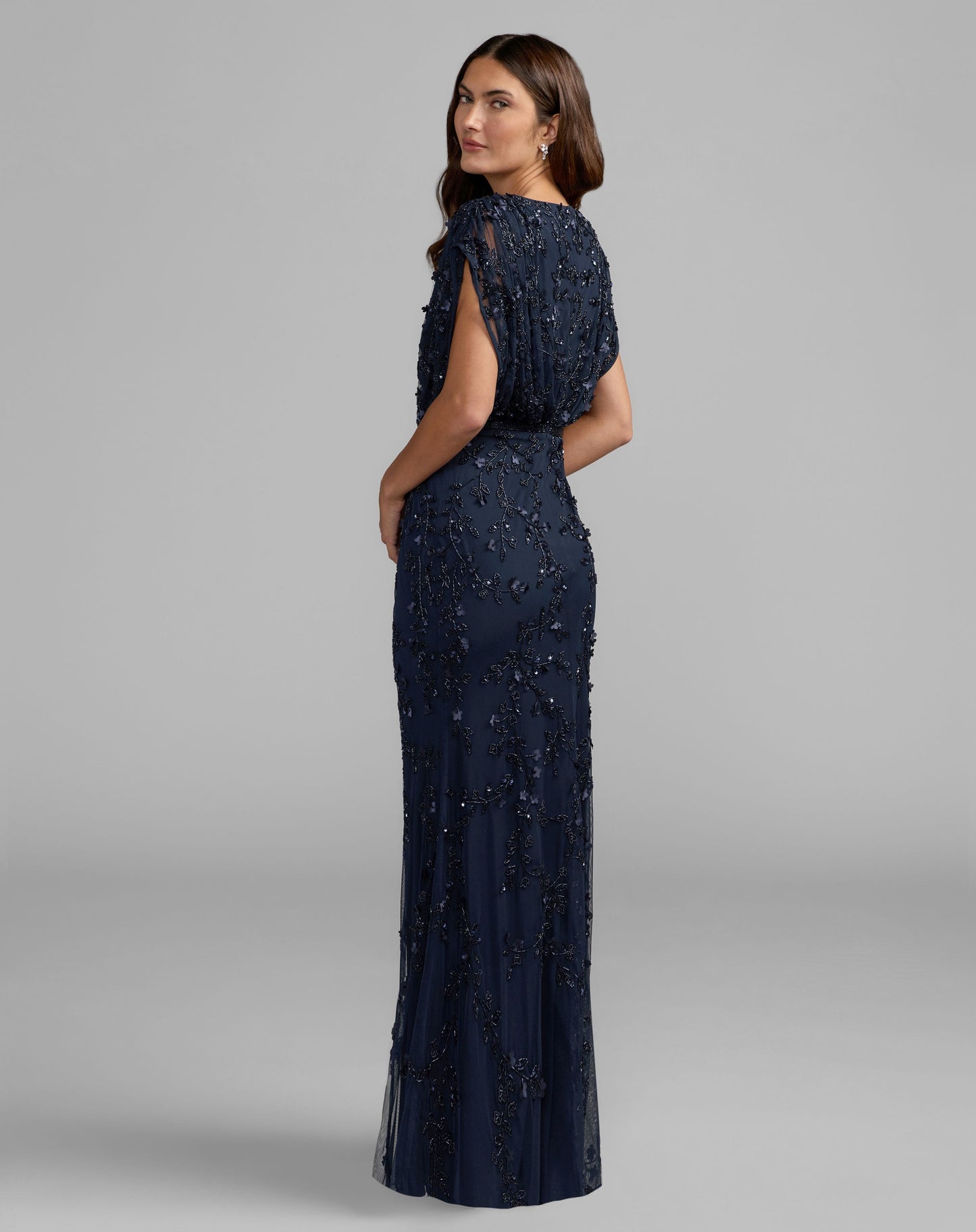 Navy Beaded V-Neck Short Sleeve Blouson Gown