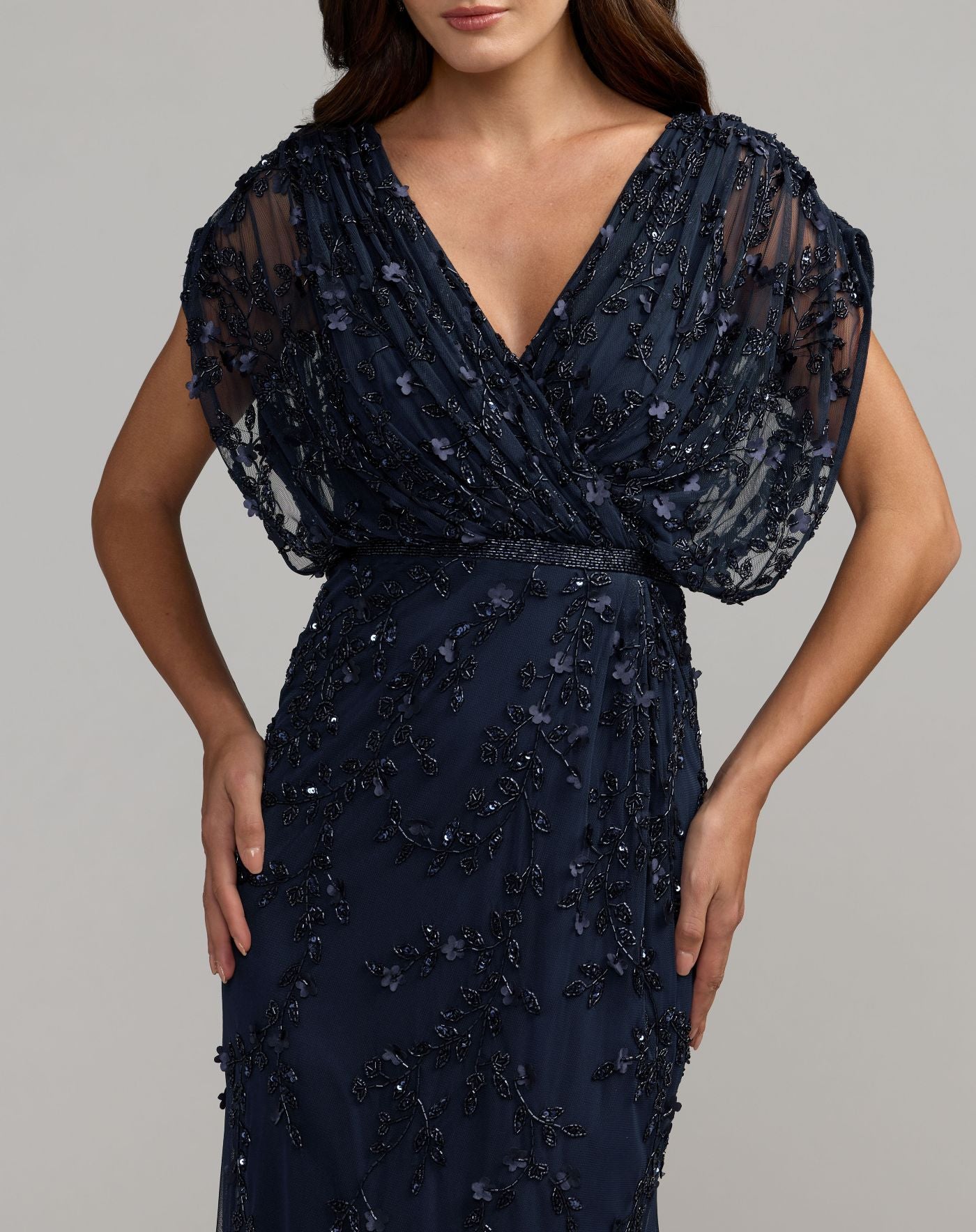 Navy Beaded V-Neck Short Sleeve Blouson Gown
