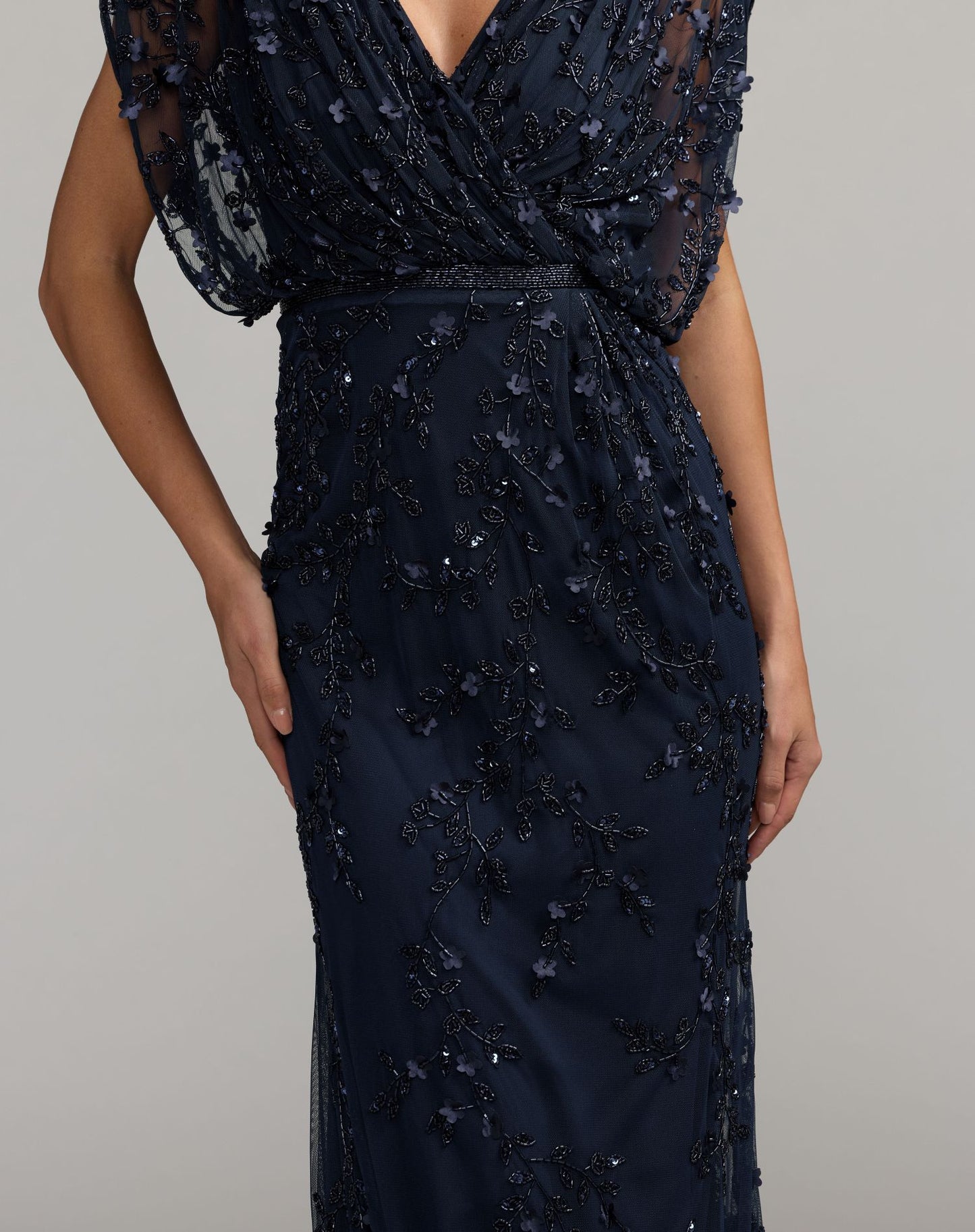 Navy Beaded V-Neck Short Sleeve Blouson Gown