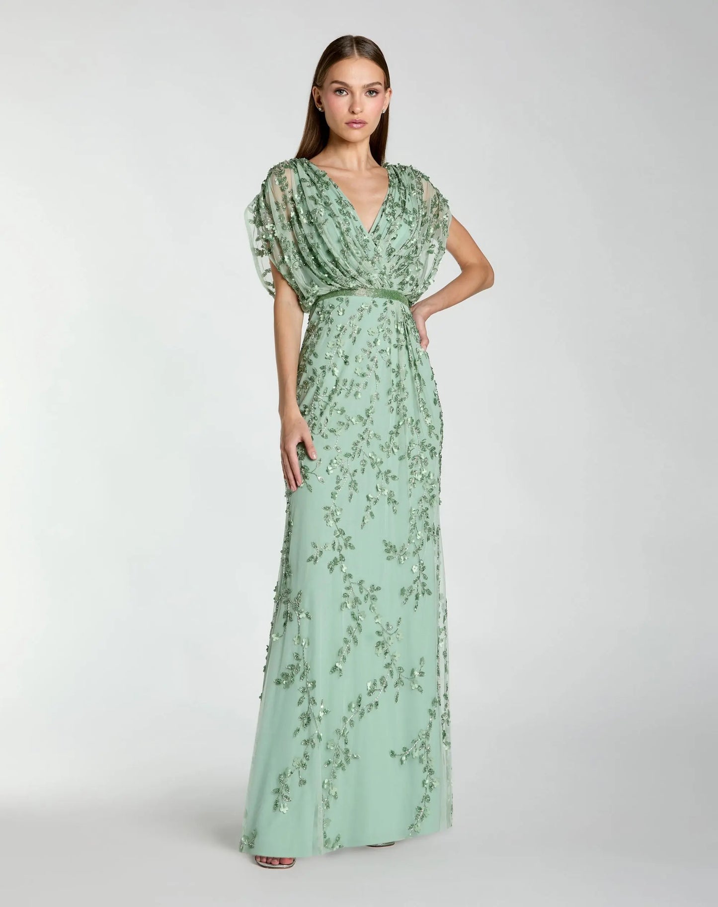 Green Beaded V-Neck Short Sleeve Blouson Gown