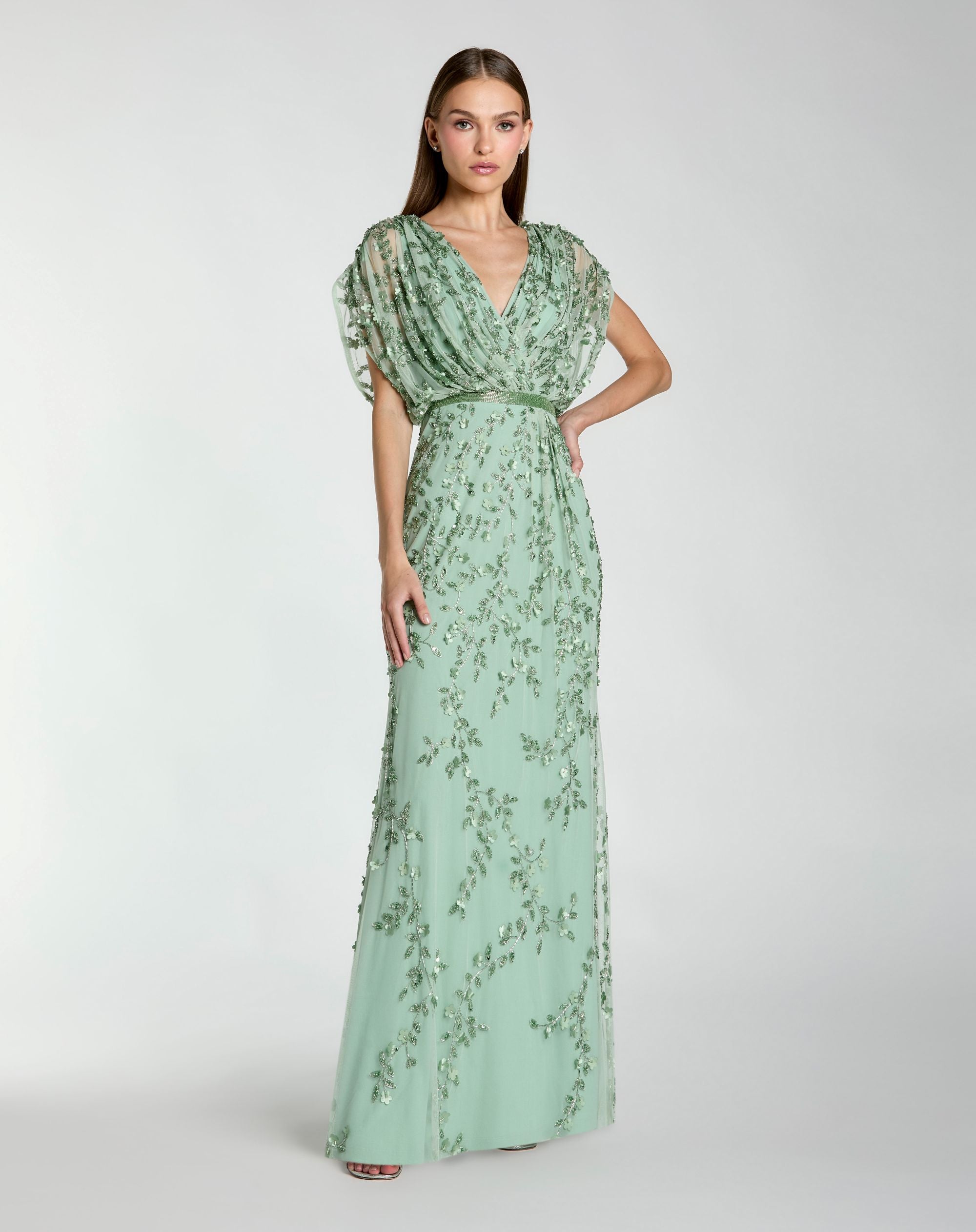 Green Beaded V-Neck Short Sleeve Blouson Gown - Mac Duggal