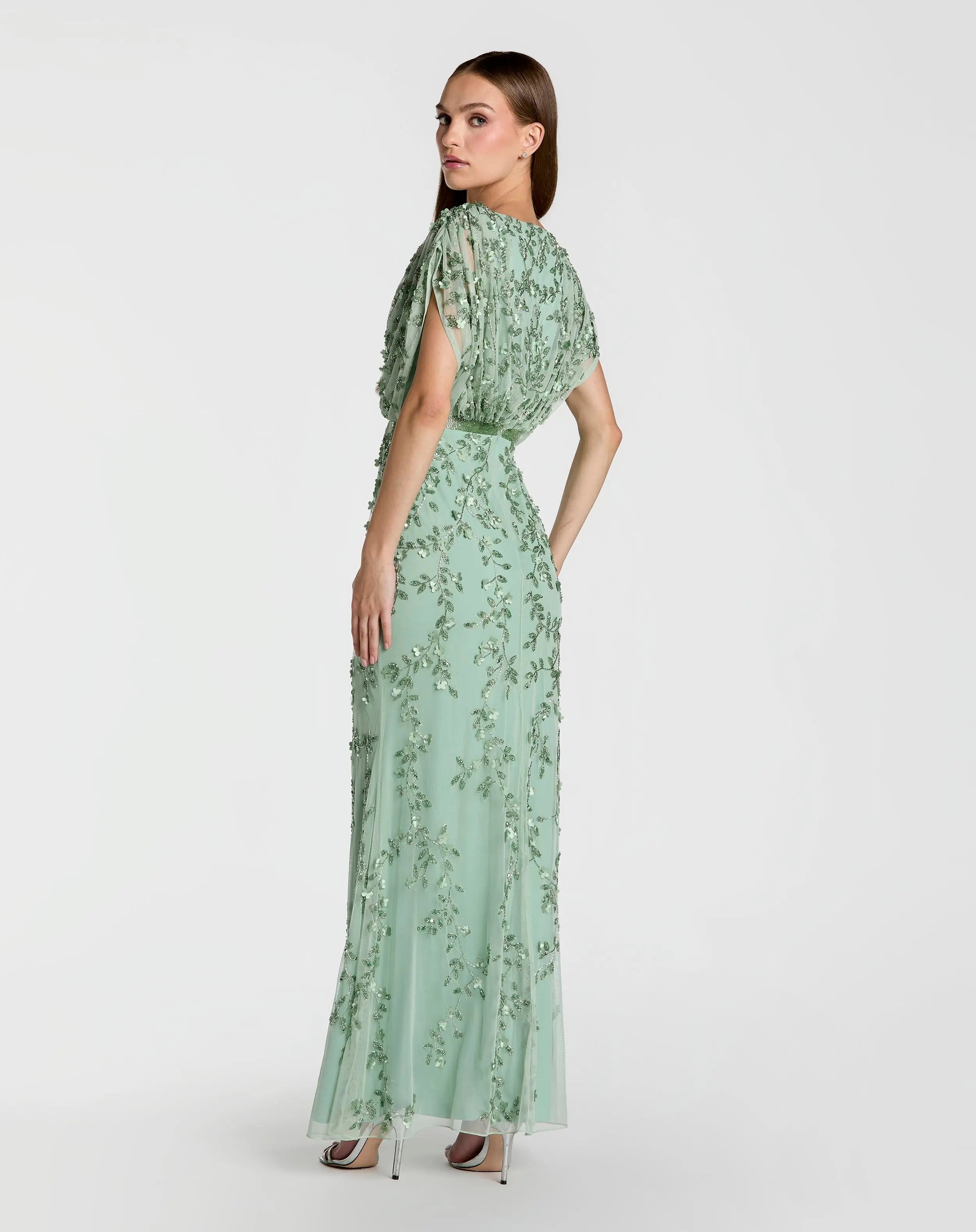 Green Beaded V-Neck Short Sleeve Blouson Gown - Mac Duggal