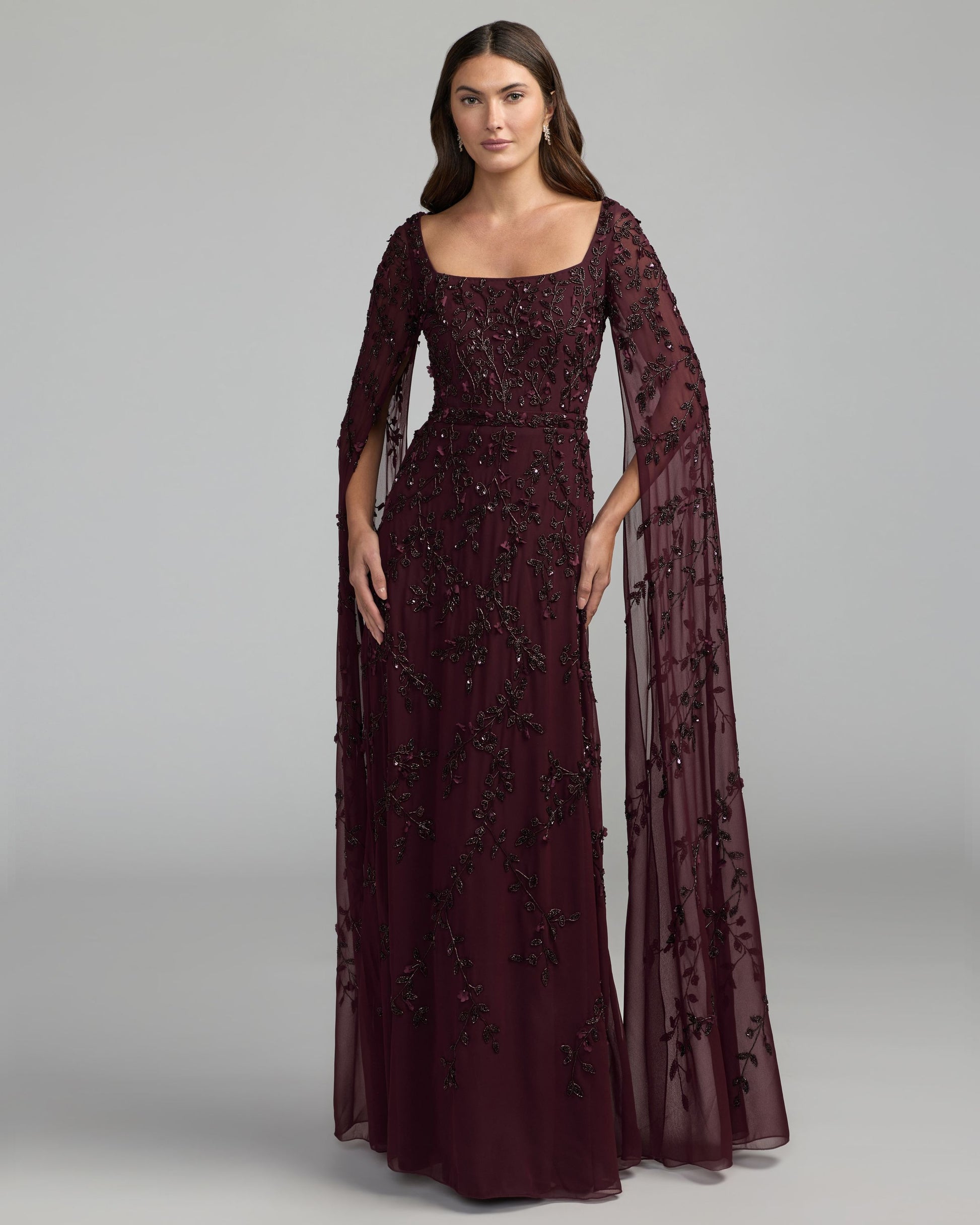 Burgundy Floral Embellished Cape Sleeve Gown Mac Duggal