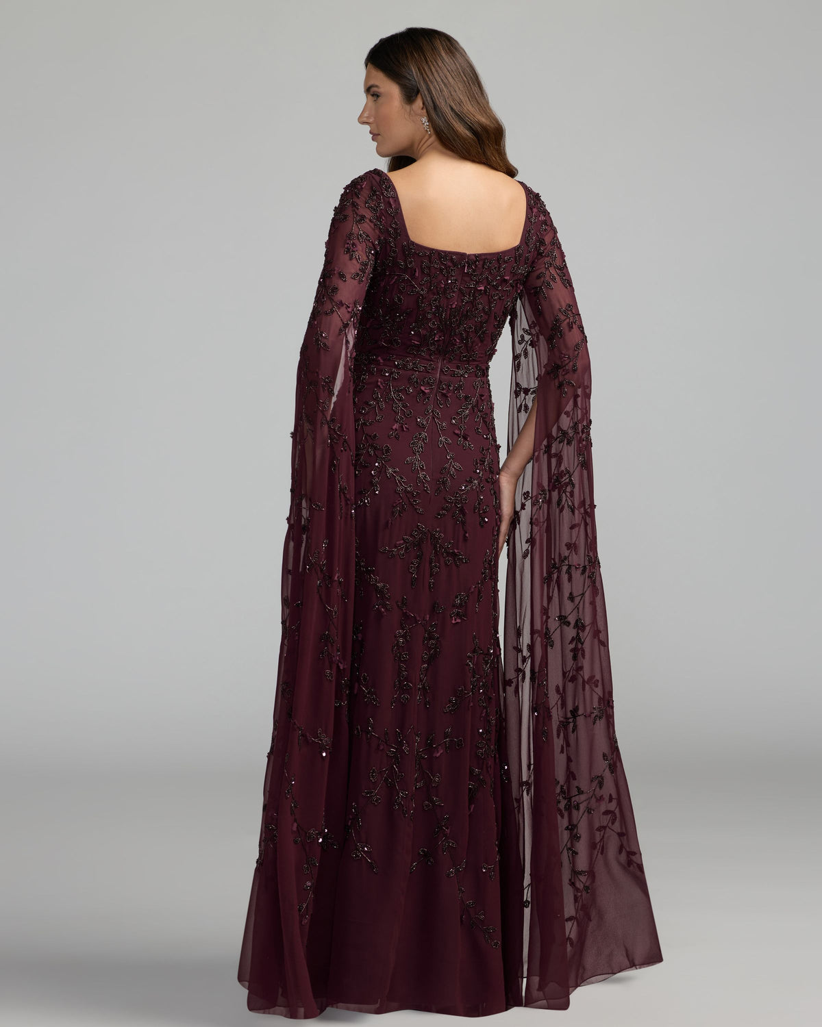 Burgundy Floral Embellished Cape Sleeve Gown Mac Duggal