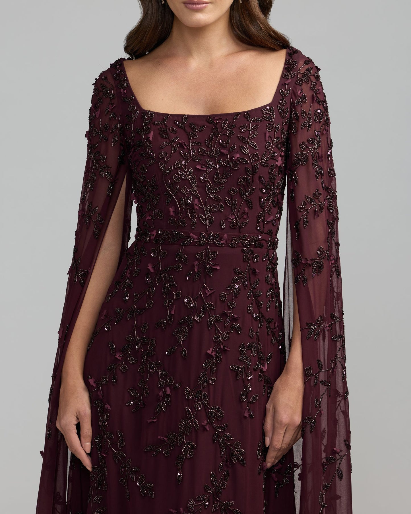 Burgundy Floral Embellished Cape Sleeve Gown Mac Duggal
