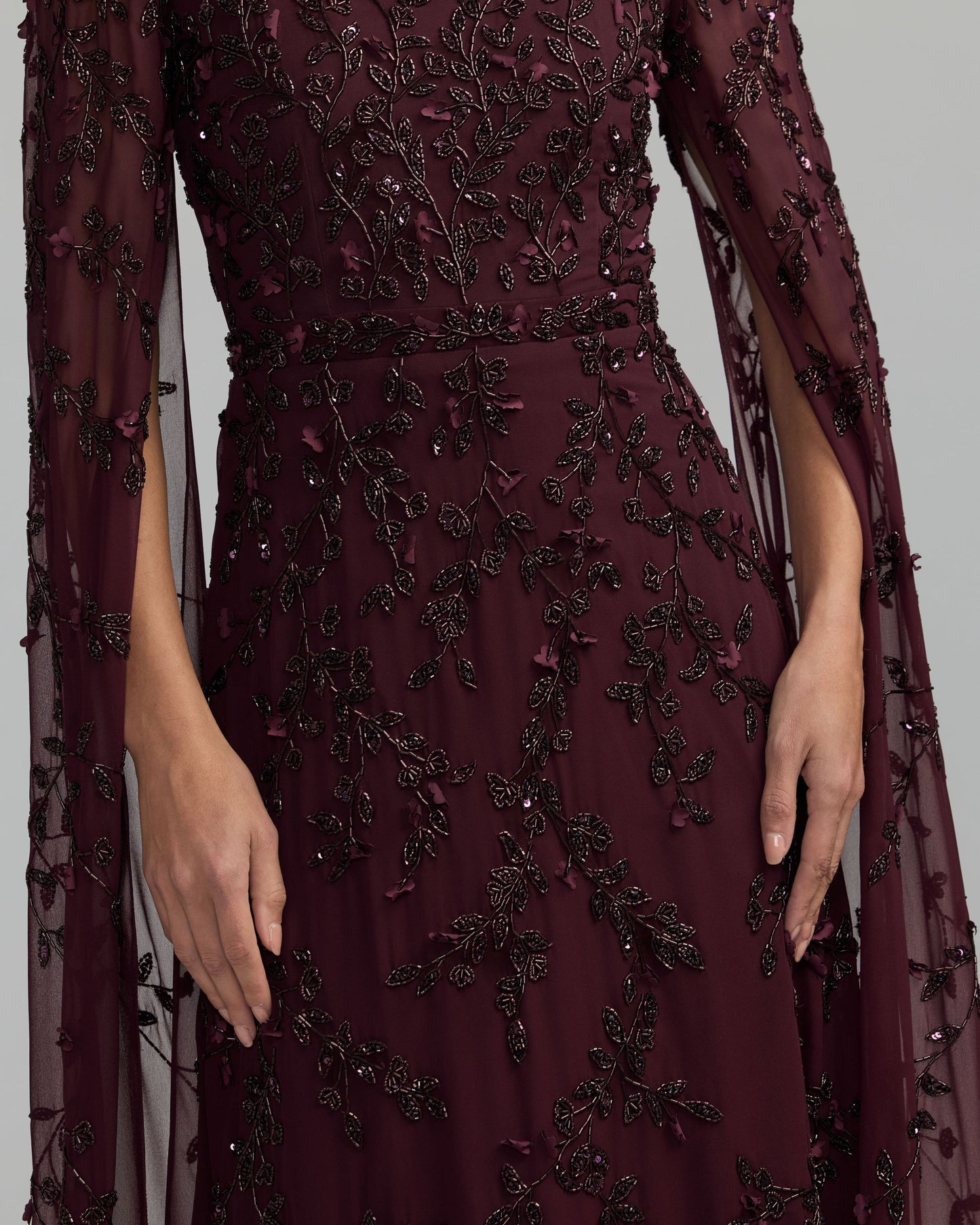 Burgundy Floral Embellished Cape Sleeve Gown Mac Duggal