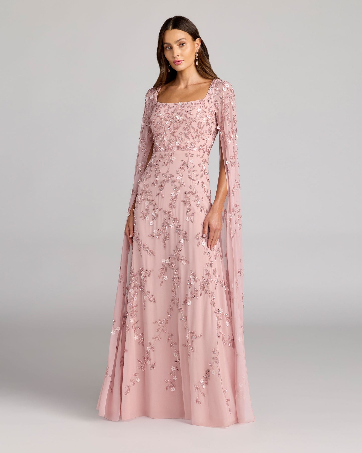 Pink Floral Embellished Cape Sleeve Gown Mac Duggal
