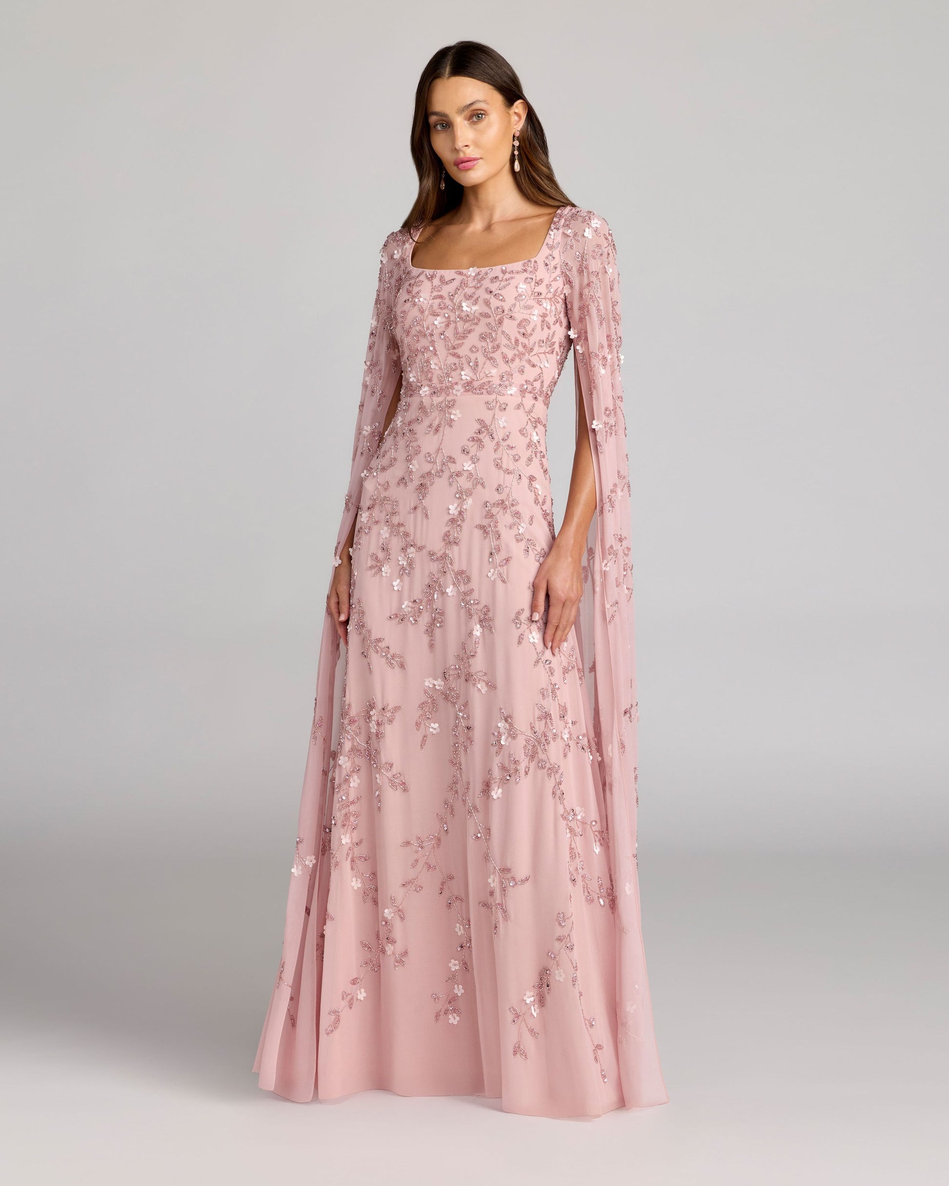 Pink Floral Embellished Cape Sleeve Gown Mac Duggal