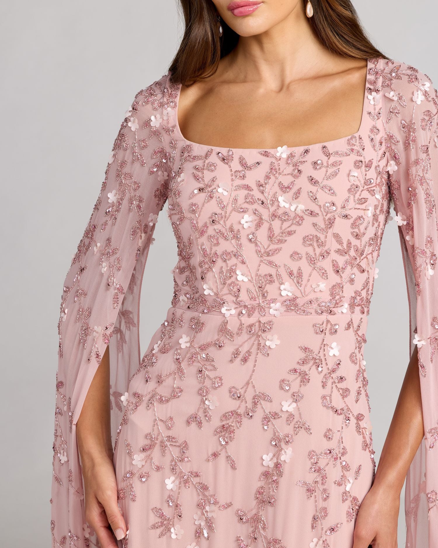 mac duggal pink embellished dress Pink Embellished Lace V Neck Butterfly Sleeve Gown