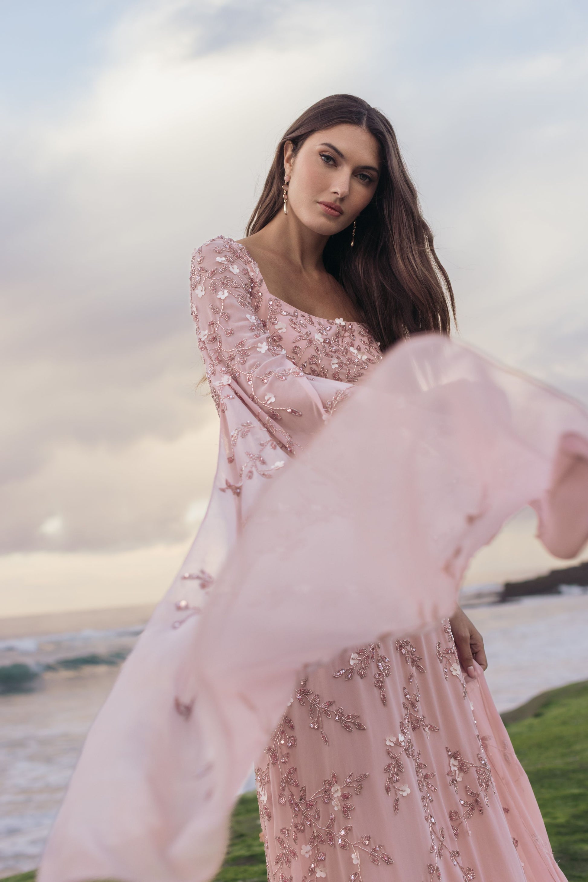 Pink Floral Embellished Cape Sleeve Gown Mac Duggal