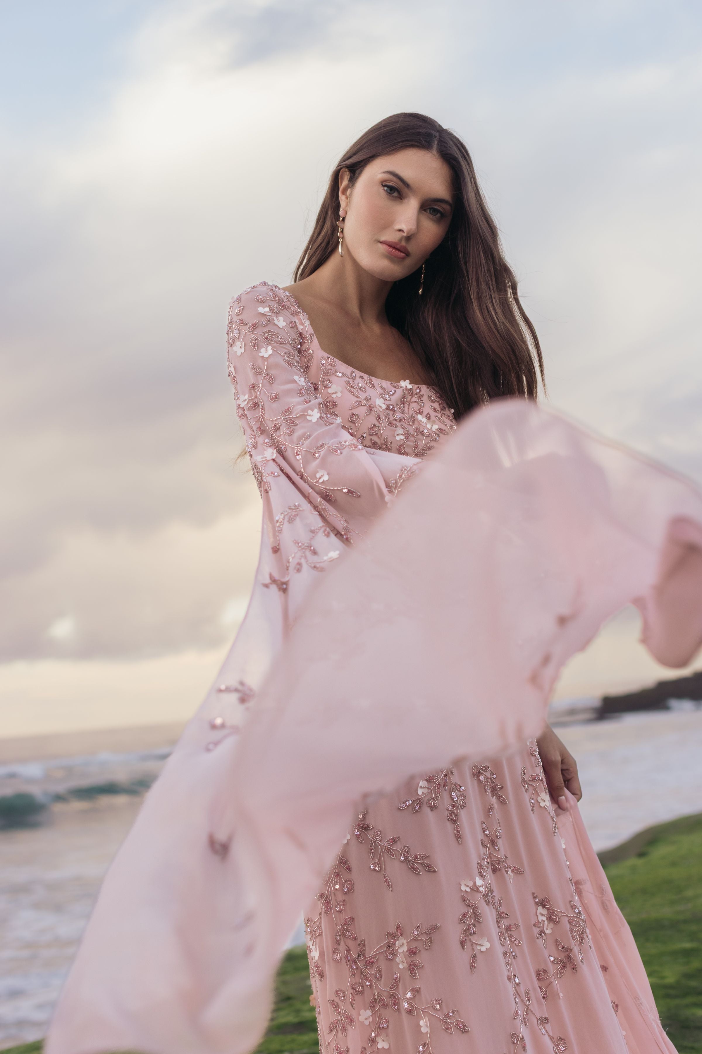 Pink Floral Embellished Cape Sleeve Gown Mac Duggal
