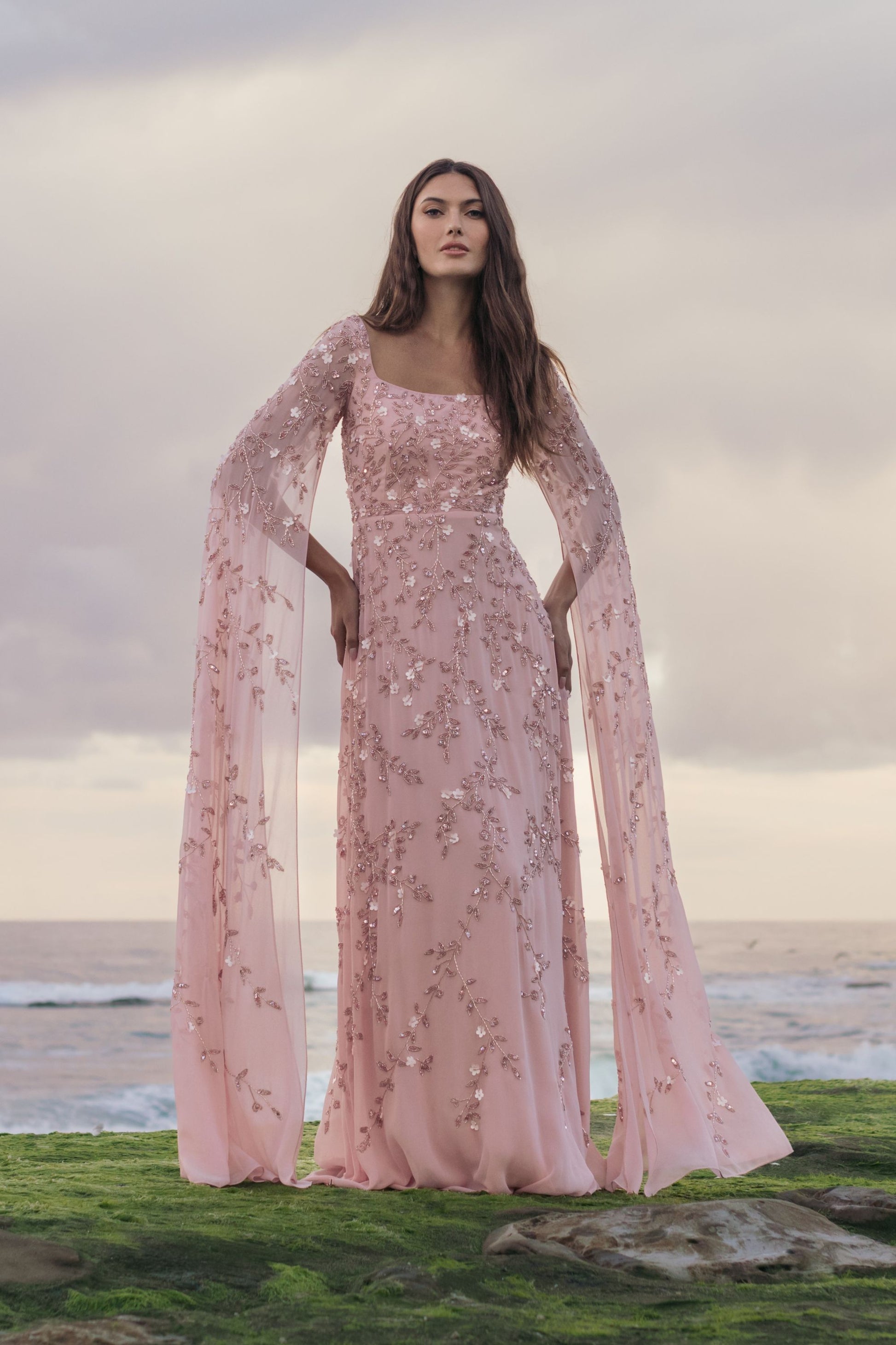 Pink Floral Embellished Cape Sleeve Gown Pink Floral Embellished Cape Sleeve Gown