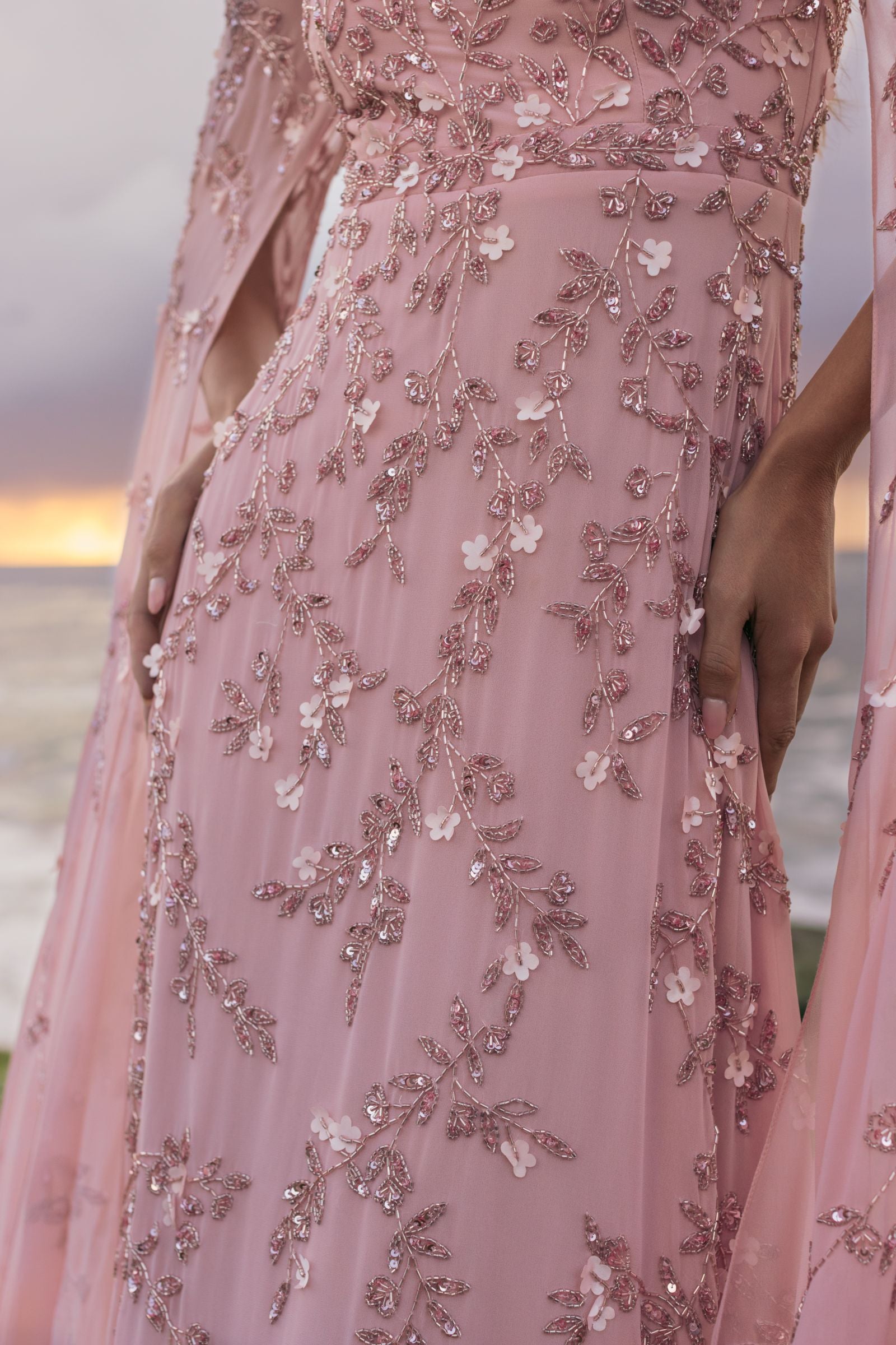 mac duggal pink embellished dress Pink Embellished Lace V Neck Butterfly Sleeve Gown