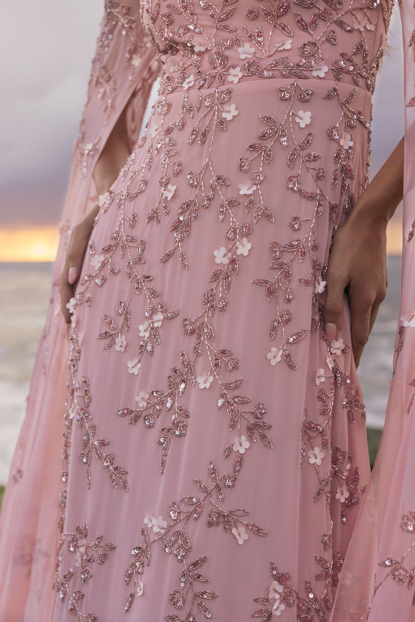 Pink Floral Embellished Cape Sleeve Gown Mac Duggal
