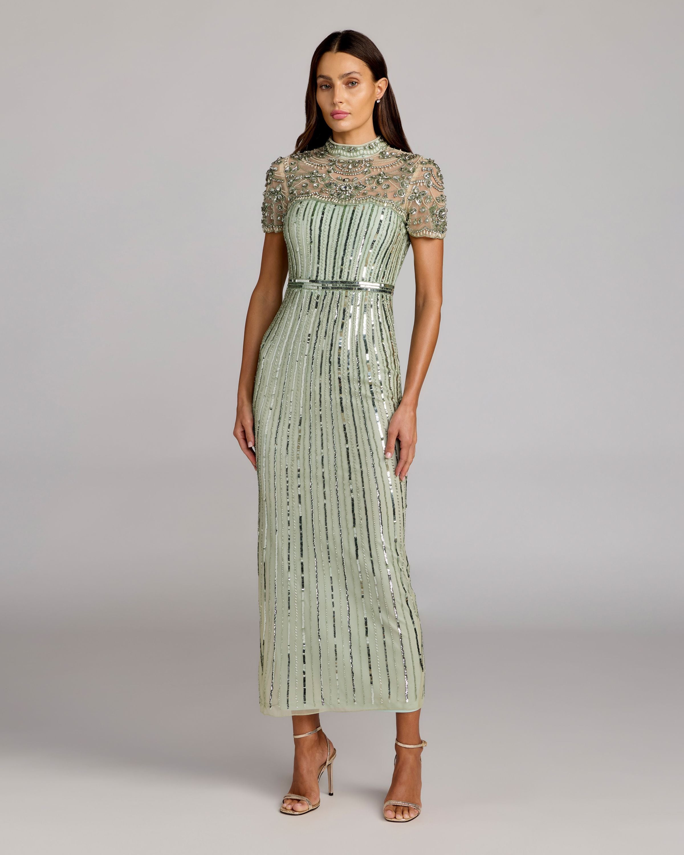 Green Beaded Mock Neck Midi Dress Mac Duggal