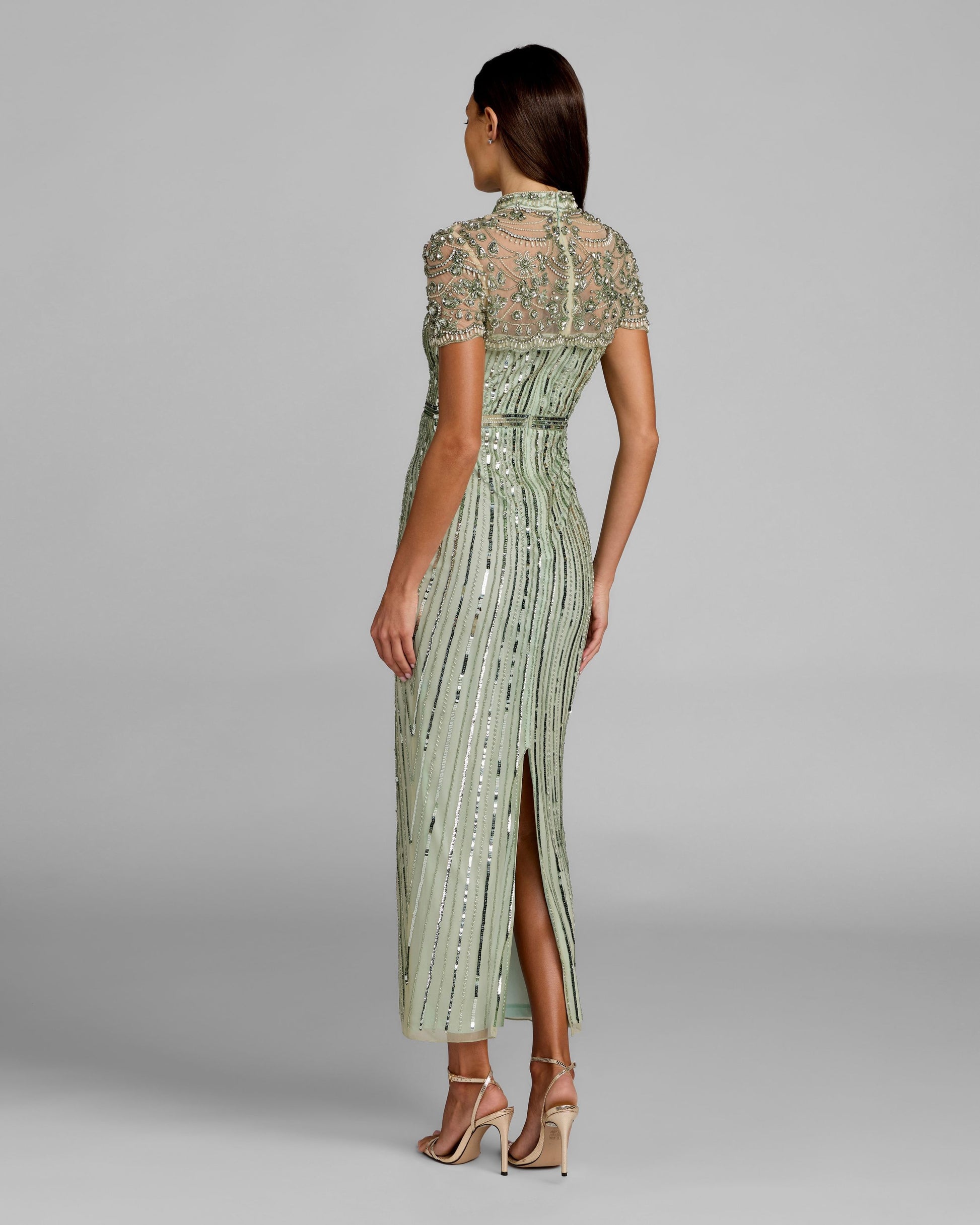 Green Beaded Mock Neck Midi Dress | Mac Duggal Green Beaded Mock Neck Midi Dress | Mac Duggal