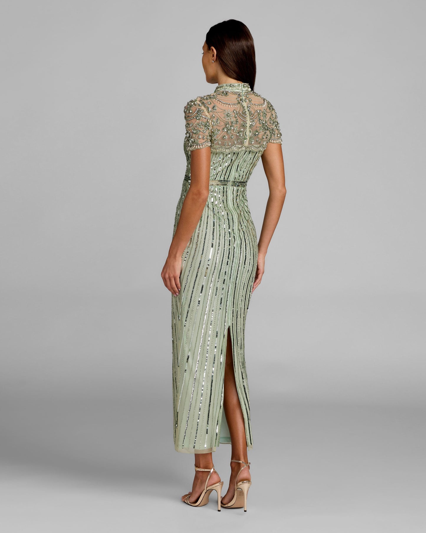 Green Beaded Mock Neck Midi Dress Mac Duggal