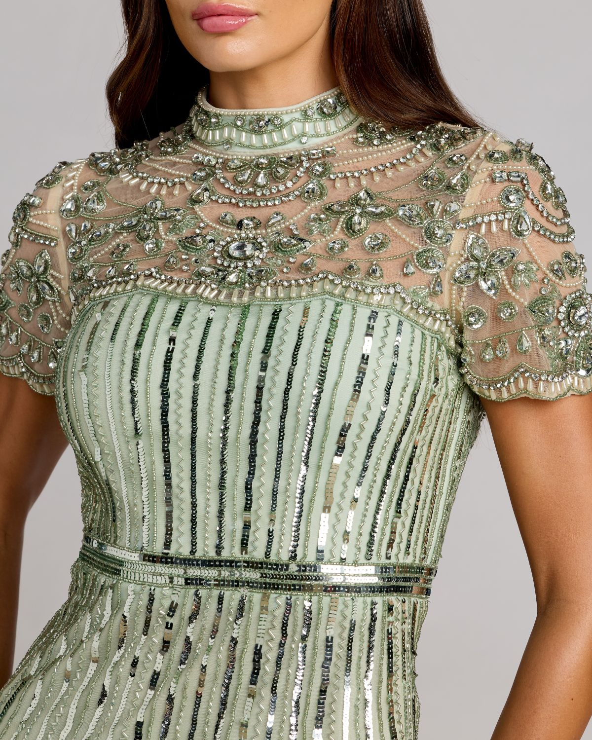 Green Beaded Mock Neck Midi Dress Mac Duggal