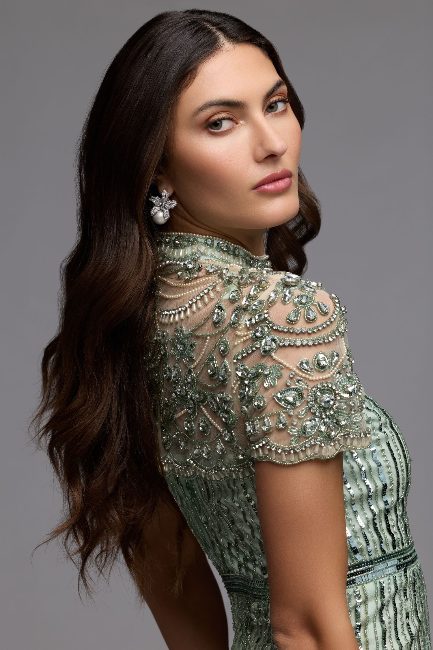 Green Beaded Mock Neck Midi Dress Mac Duggal