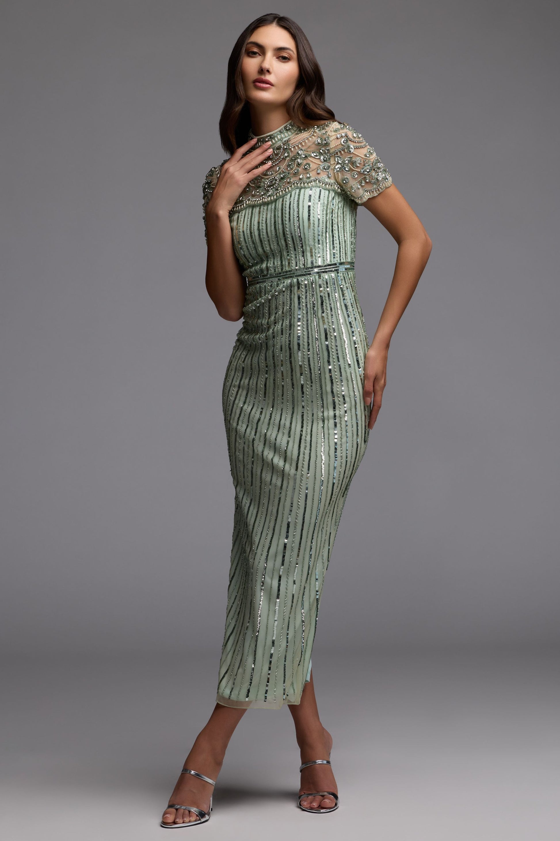 Green Beaded Mock Neck Midi Dress | Mac Duggal Green Beaded Mock Neck Midi Dress | Mac Duggal