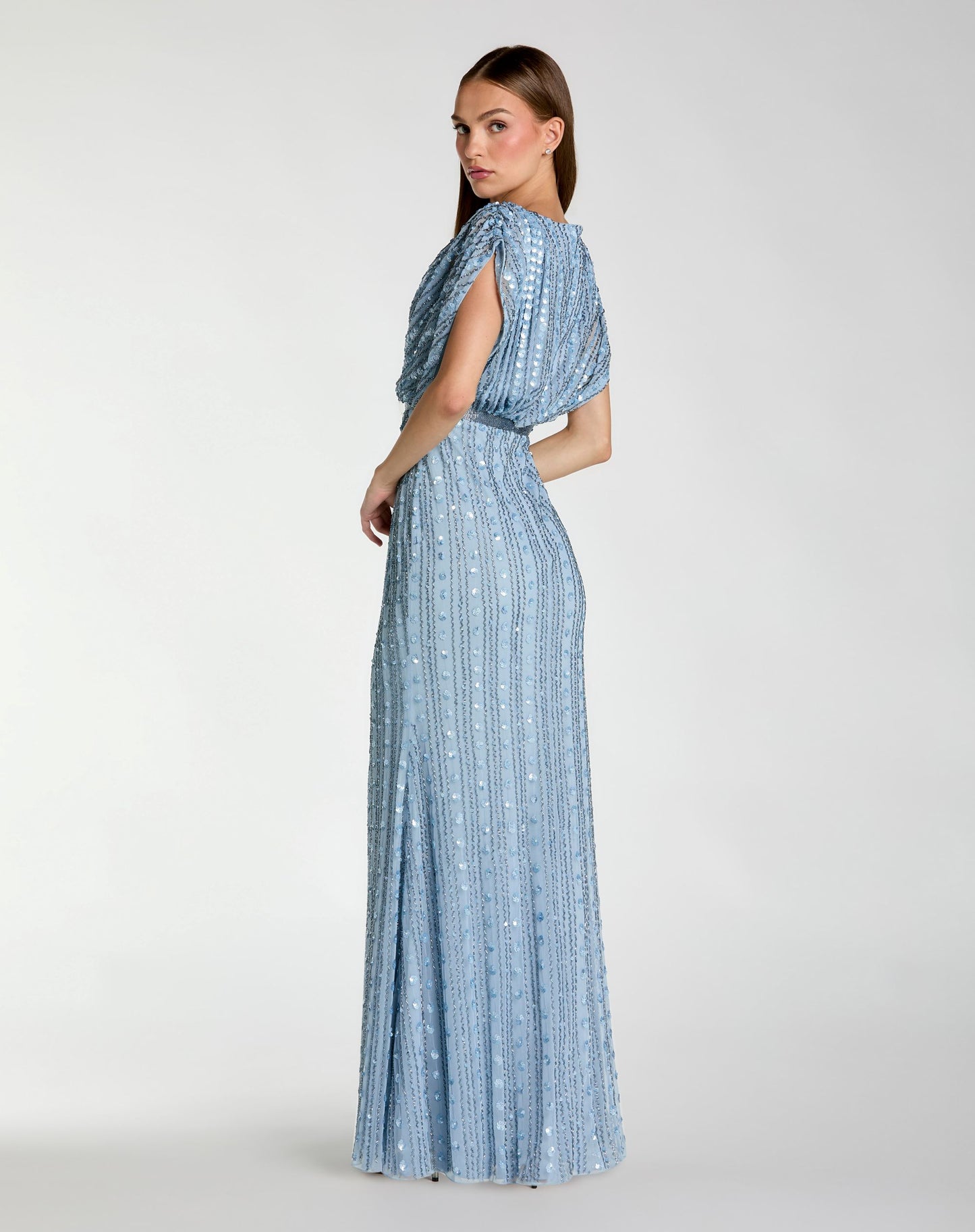 Blue Embellished Blouson V Neck Column Gown - Mac Duggal