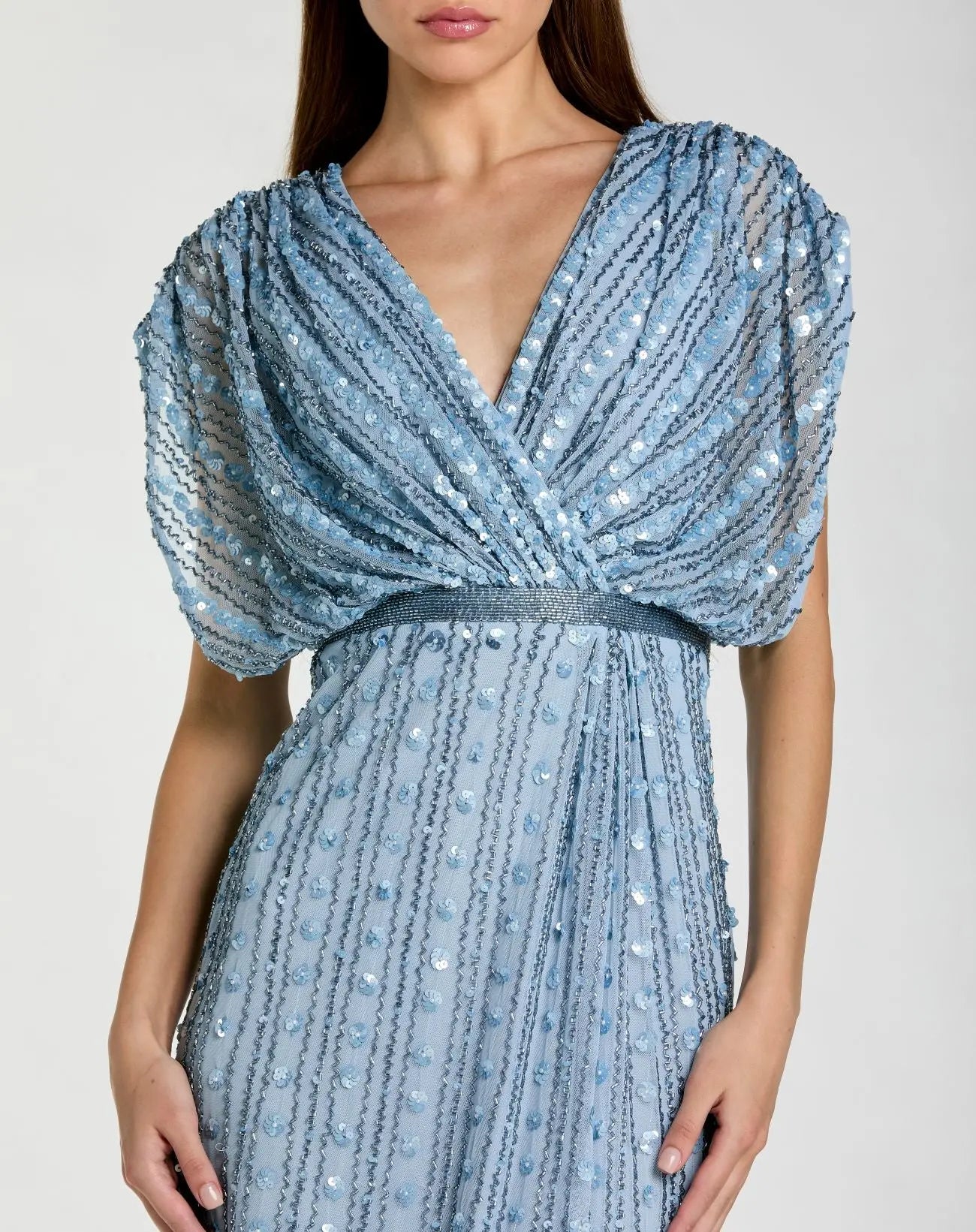 Mac Duggal Women's Beaded Mesh Blouson V Neck Column Gown - Periwinkle Mac Duggal Women's Beaded Mesh Blouson V Neck Column Gown - Periwinkle