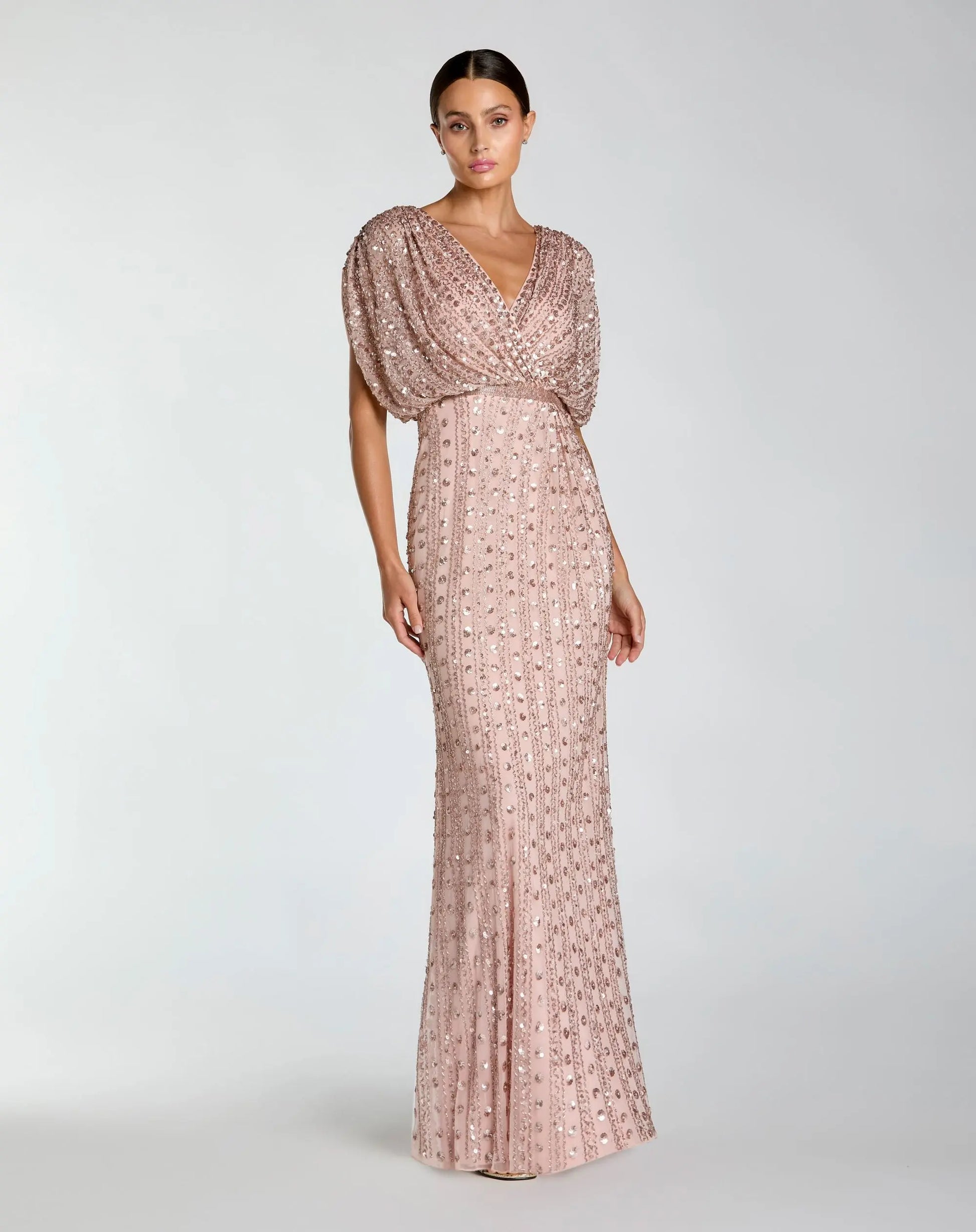 Pink Embellished Blouson V Neck Column Gown - Mac Duggal