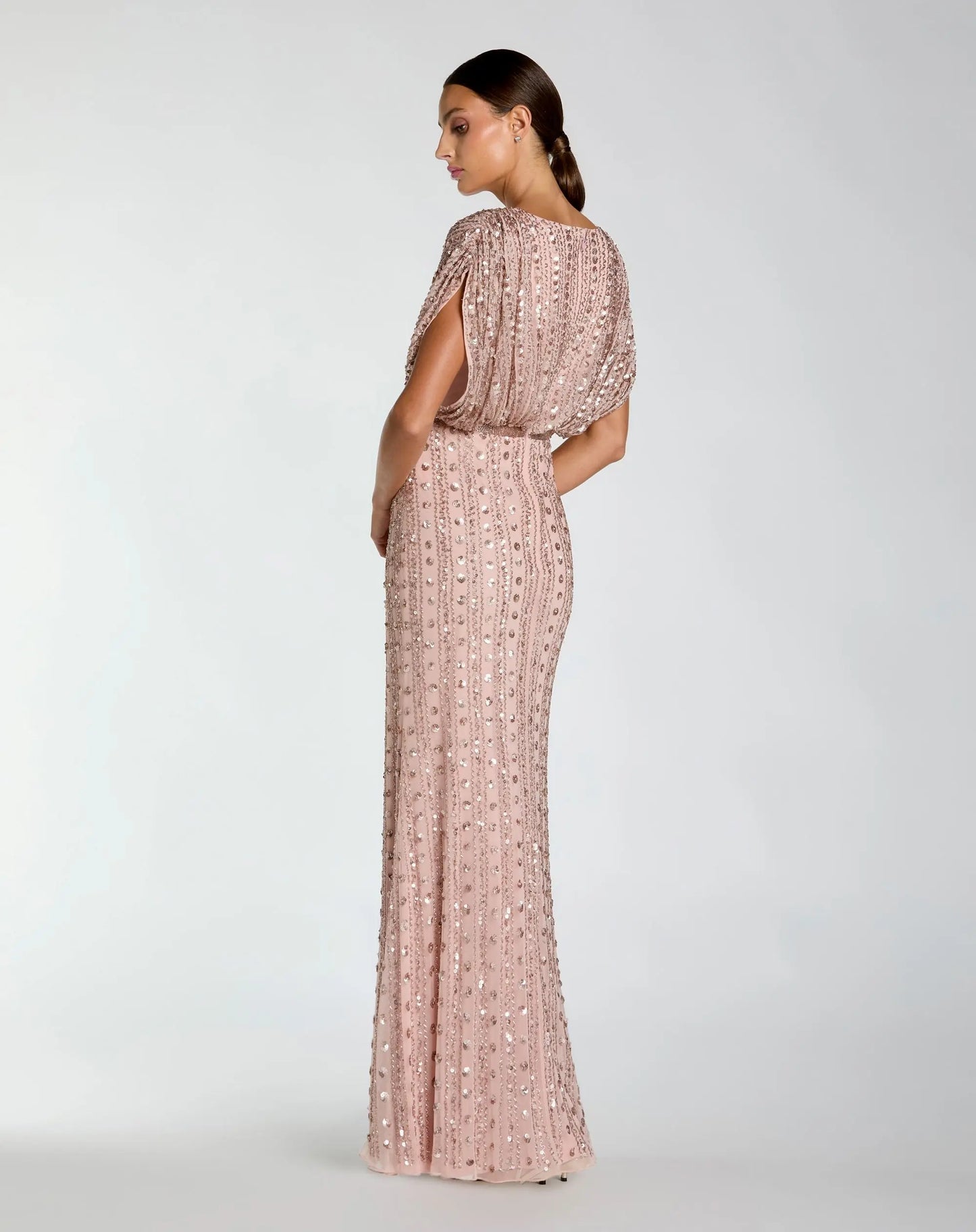 Pink Embellished Blouson V Neck Column Gown - Mac Duggal