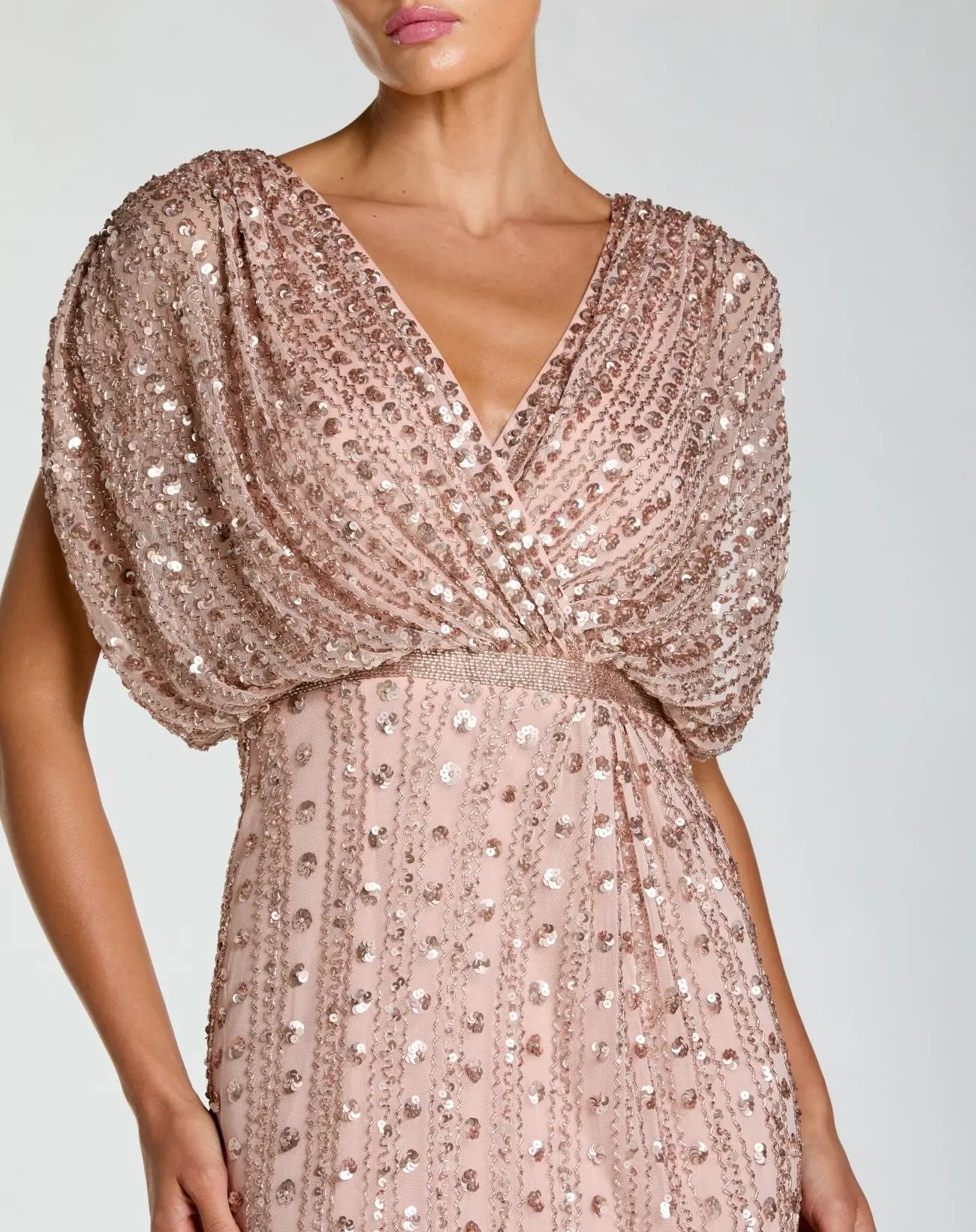 Pink Embellished Blouson V Neck Column Gown - Mac Duggal