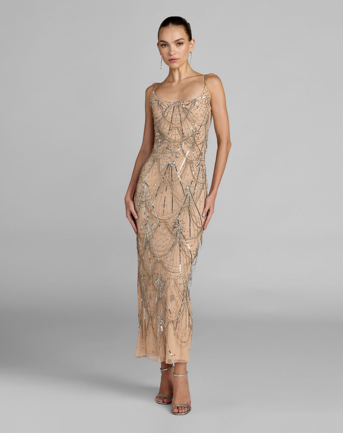Nude Silver Beaded Fringe Scoop Neck Ankle Dress - Mac Duggal