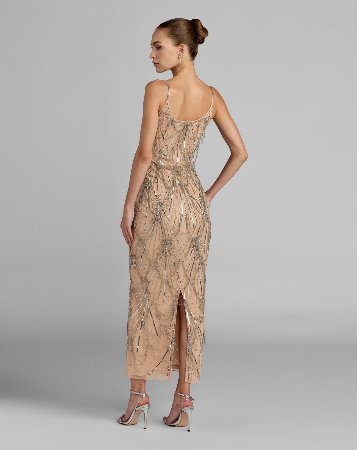 Nude Silver Beaded Fringe Scoop Neck Ankle Dress - Mac Duggal
