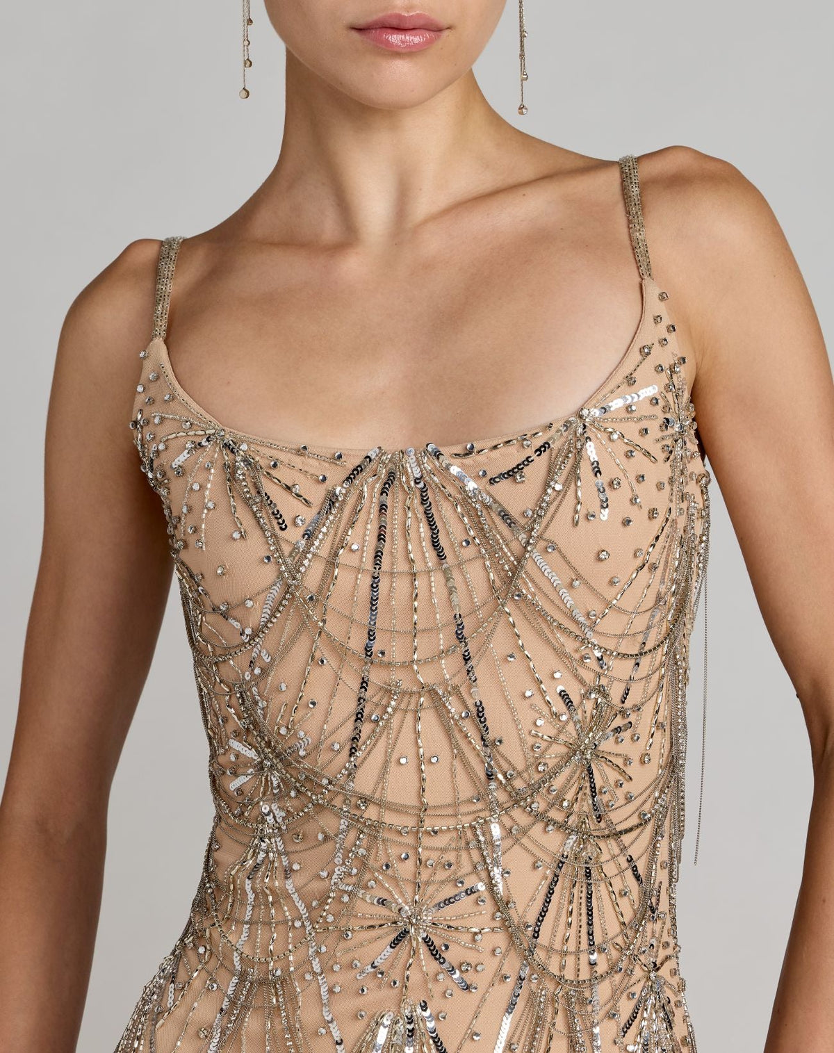 Nude Silver Beaded Fringe Scoop Neck Ankle Dress - Mac Duggal