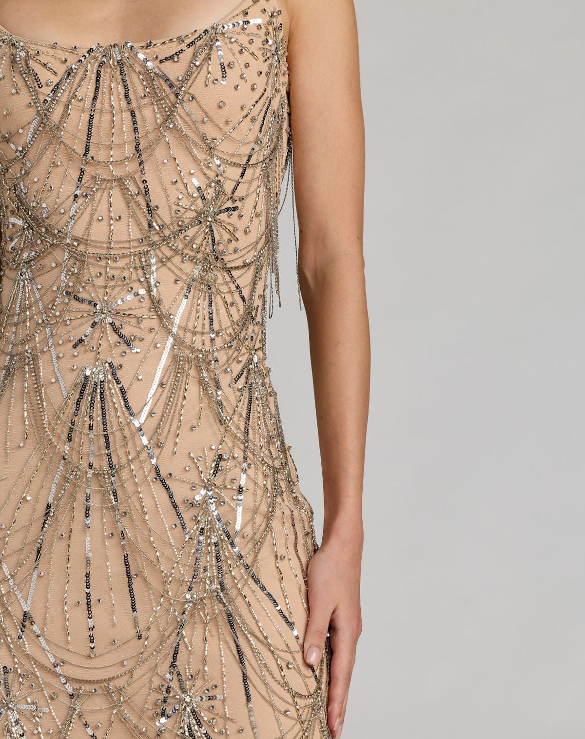 Nude Silver Beaded Fringe Scoop Neck Ankle Dress - Mac Duggal