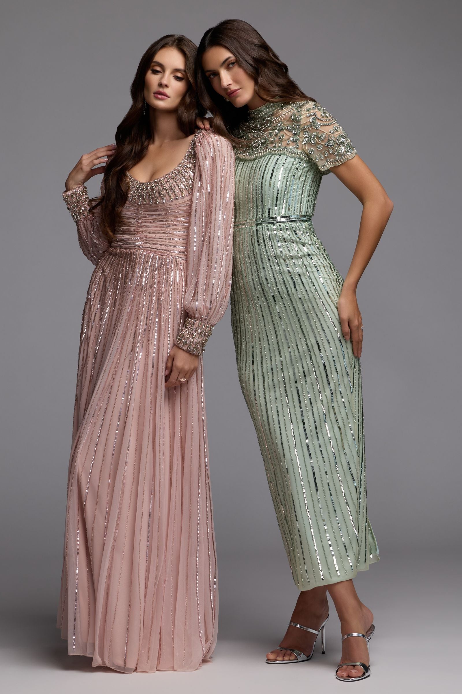 Green Beaded Mock Neck Midi Dress Mac Duggal