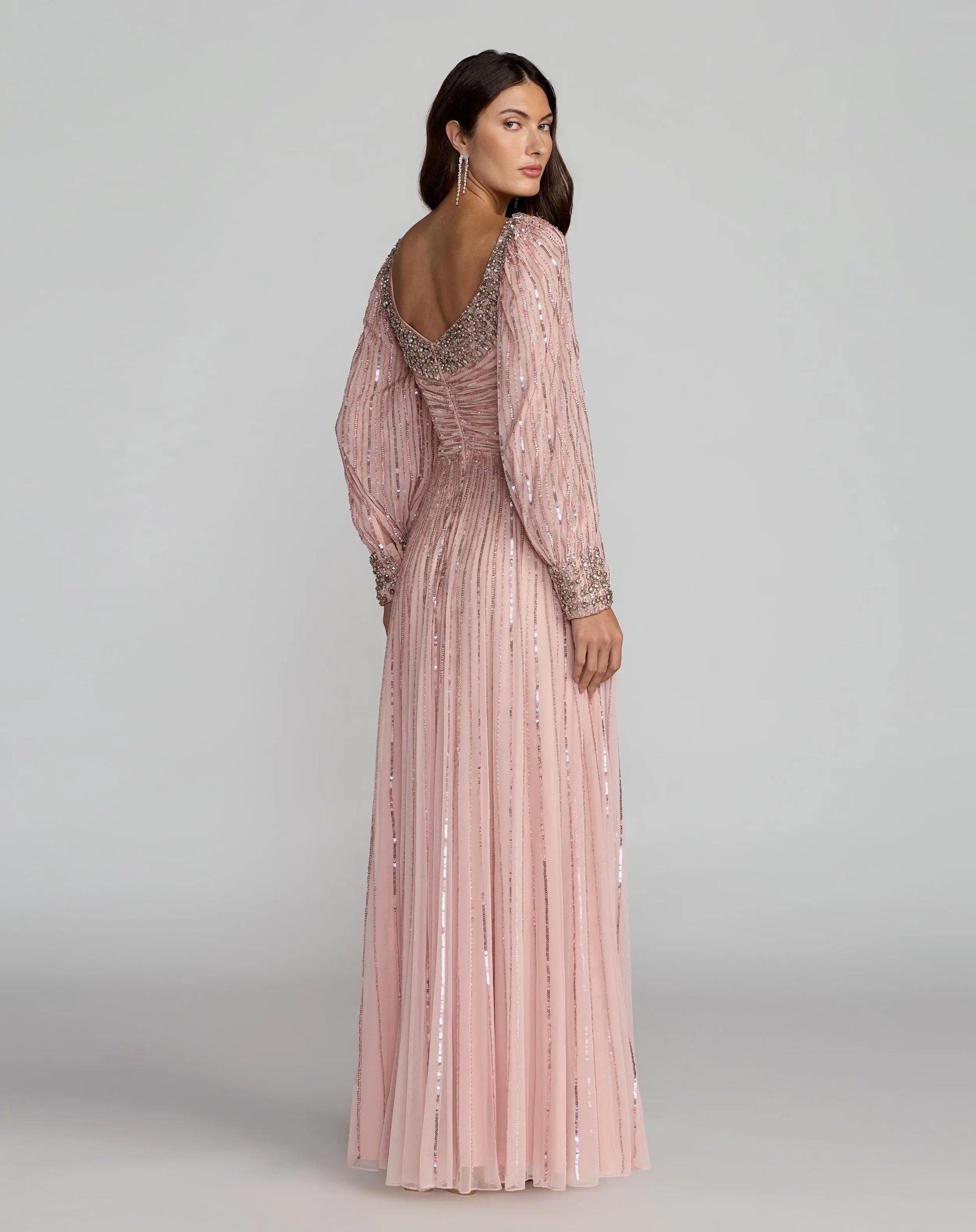 Pink Embellished Long Sleeve Scoop Neck A-Line Gown - Mac Duggal