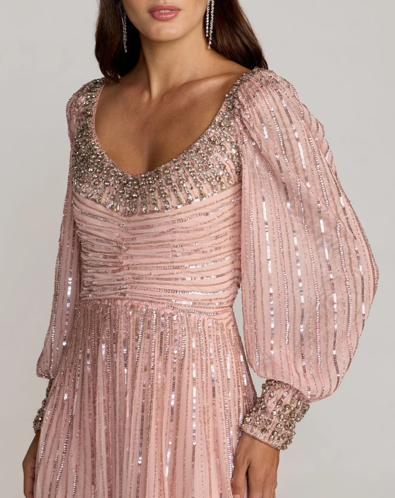 Pink Embellished Long Sleeve Scoop Neck A-Line Gown - Mac Duggal