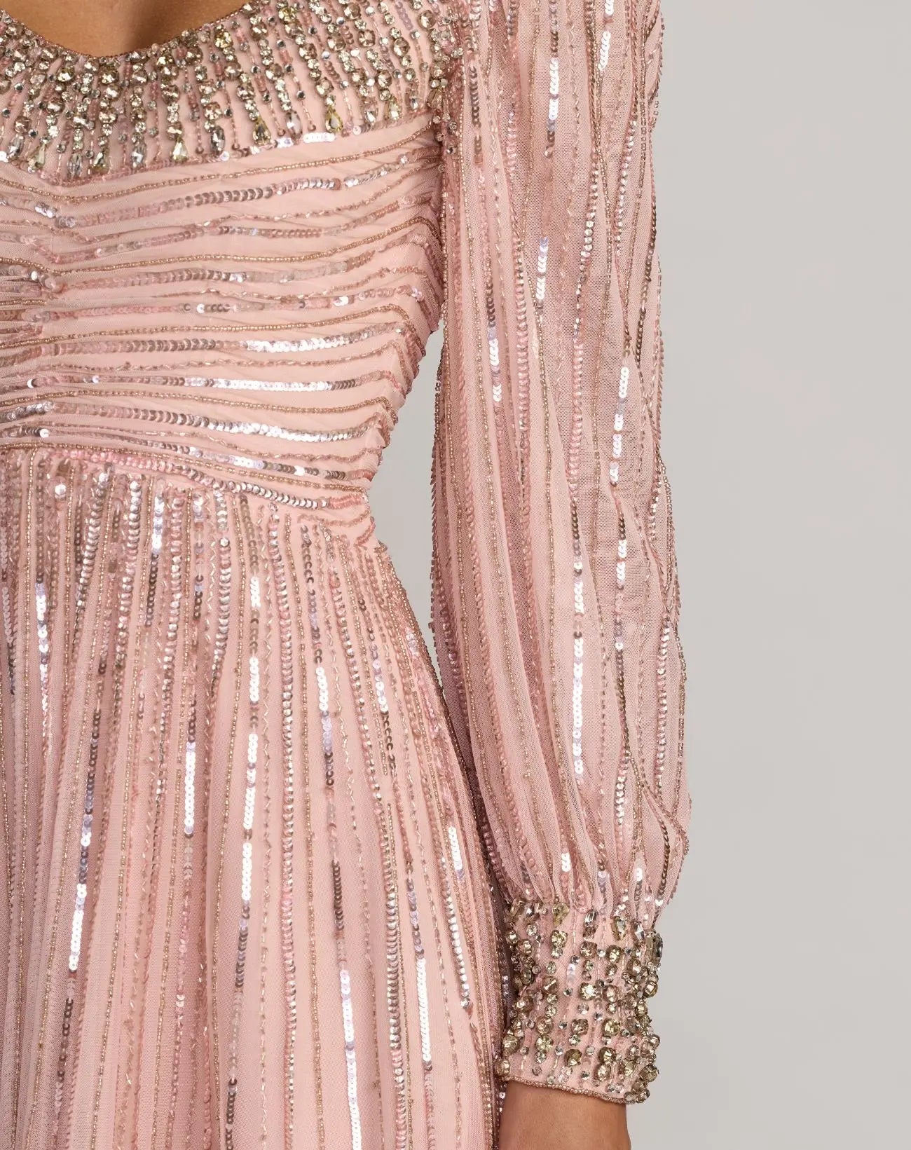 Pink Embellished Long Sleeve Scoop Neck A-Line Gown - Mac Duggal