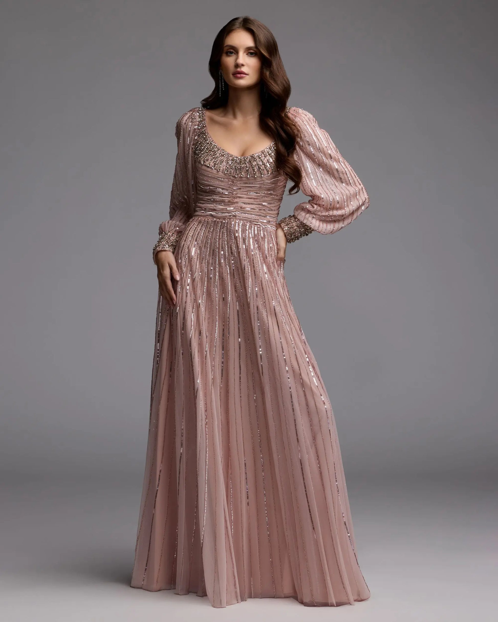 Pink Embellished Scoop Neck Long Sleeve A-Line Gown