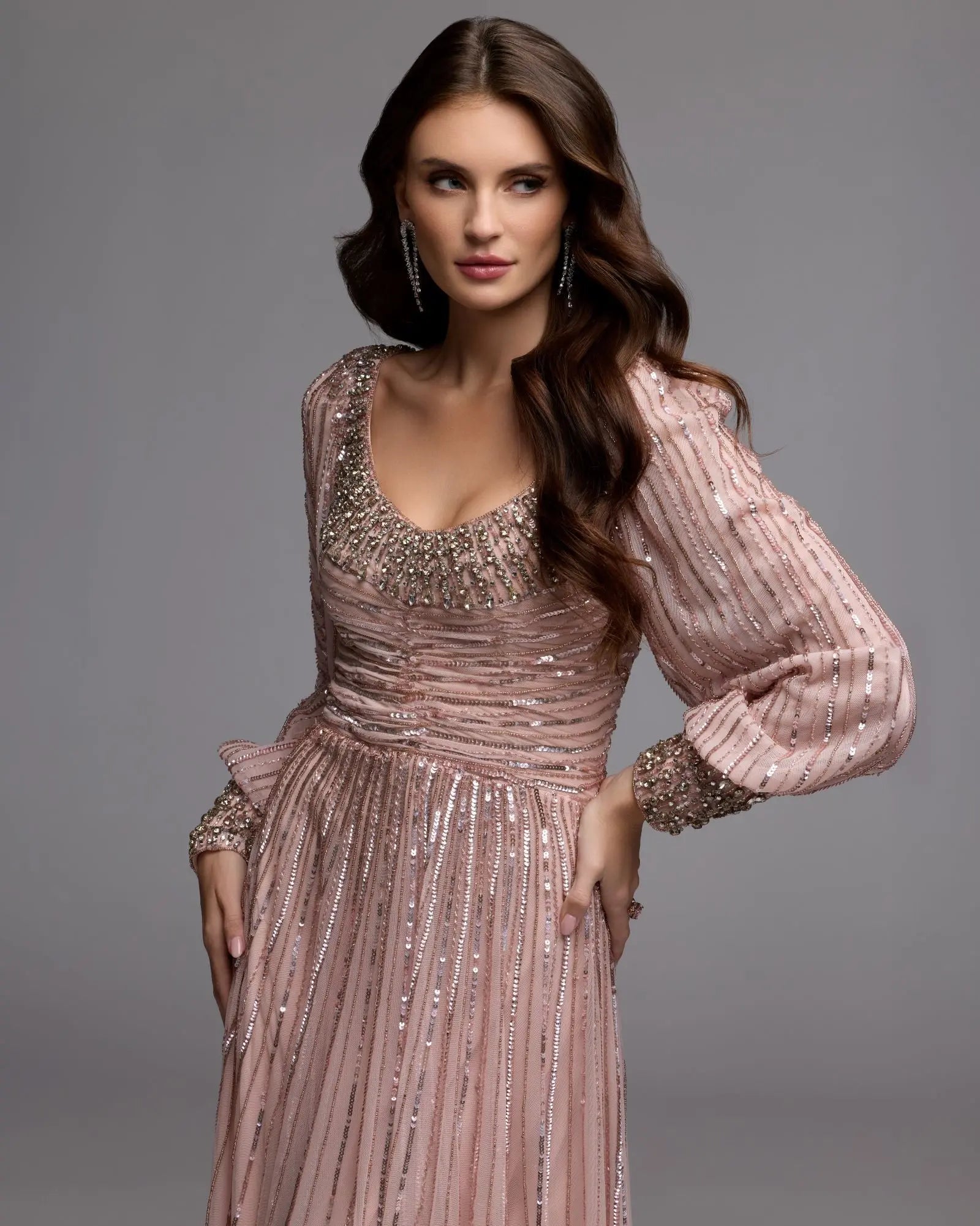 Pink Embellished Long Sleeve Scoop Neck A-Line Gown - Mac Duggal