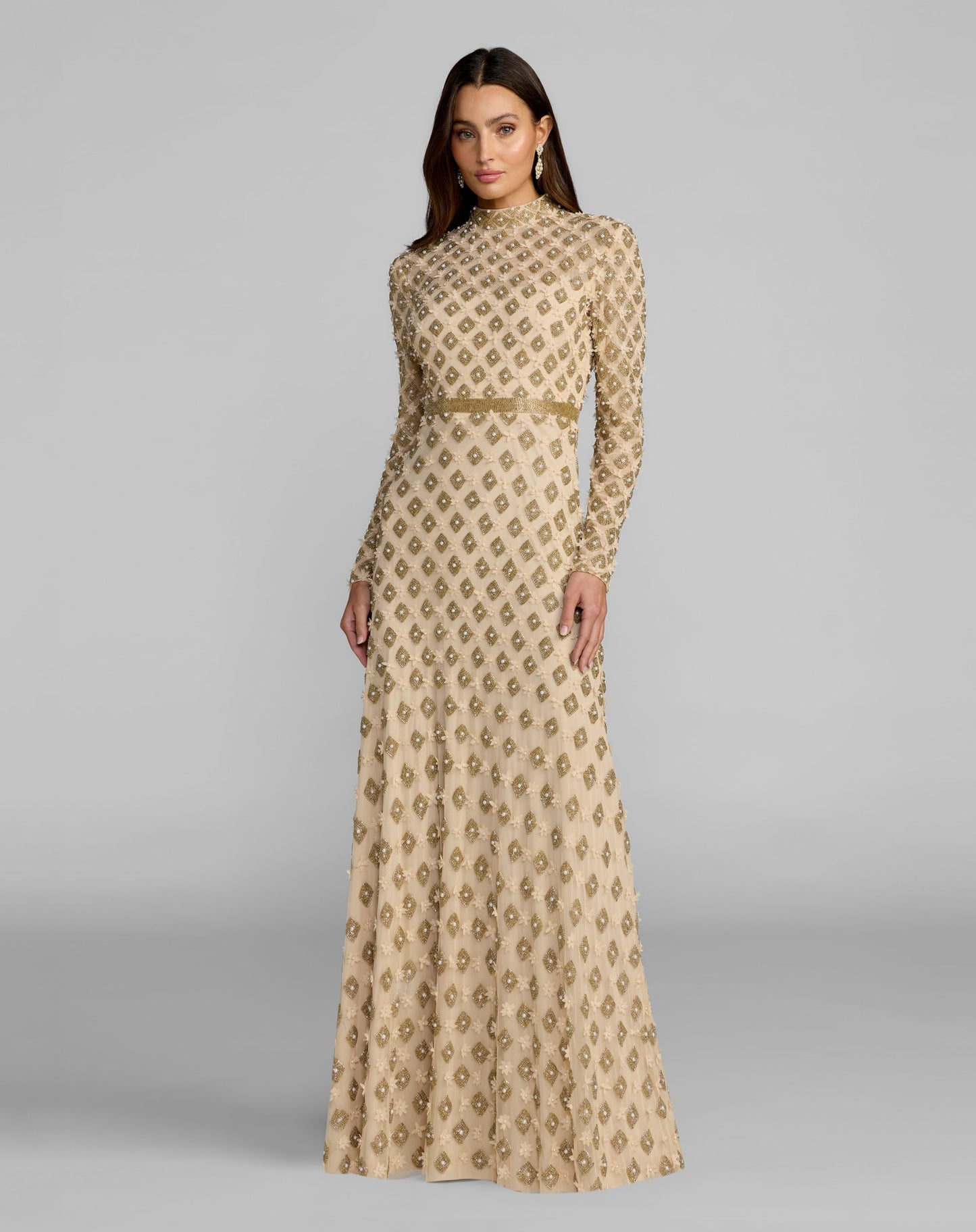 Gold Mock Neck Long Sleeve Embellished A-Line Gown - Mac Duggal