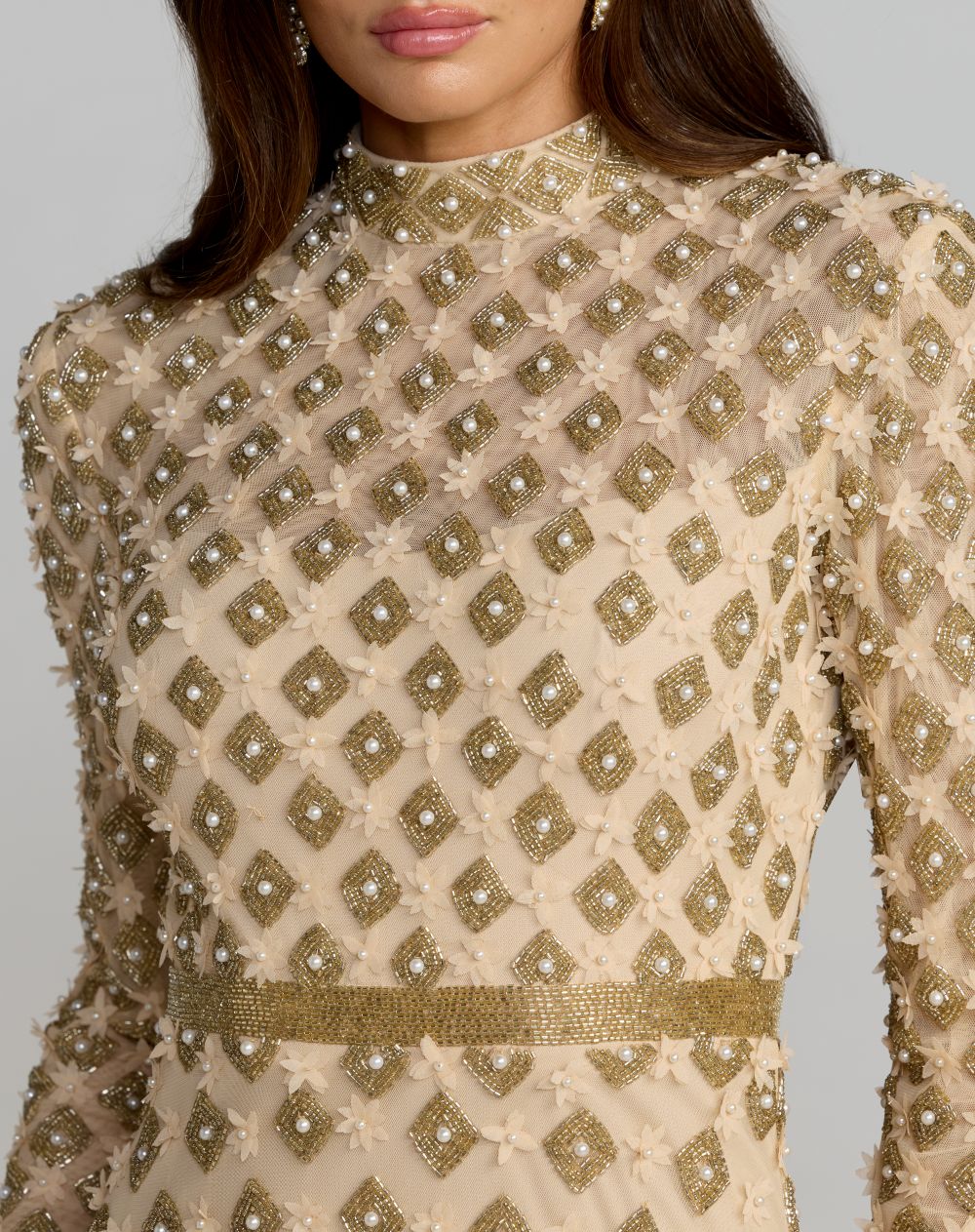Gold Mock Neck Long Sleeve Embellished A-Line Gown