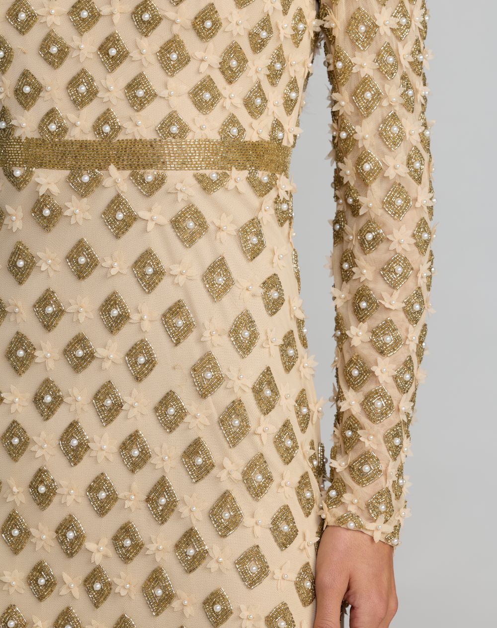 Gold Mock Neck Long Sleeve Embellished A-Line Gown - Mac Duggal