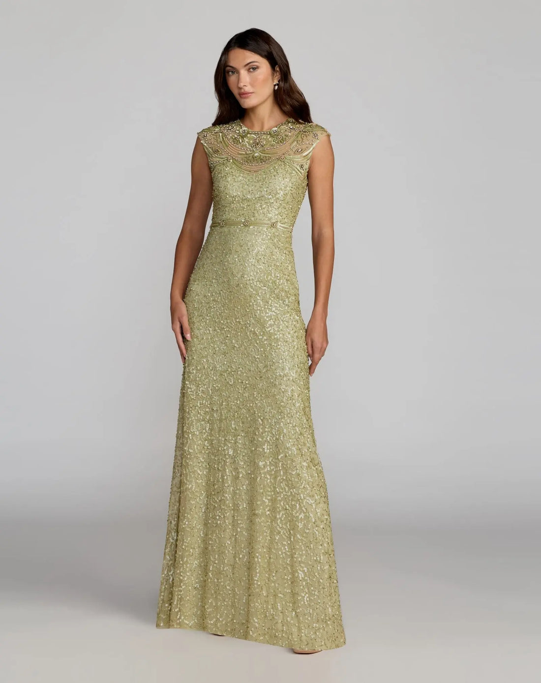 Green Embellished High Neck Cap Sleeve Gown - Mac Duggal