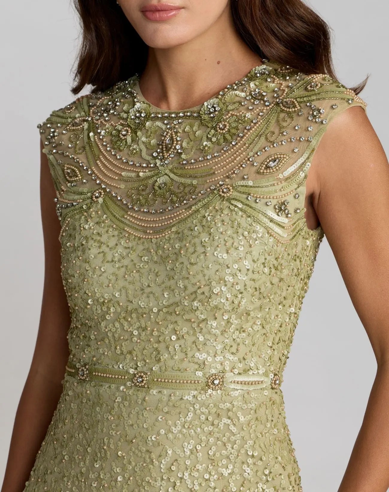 Green Embellished High Neck Cap Sleeve Gown - Mac Duggal