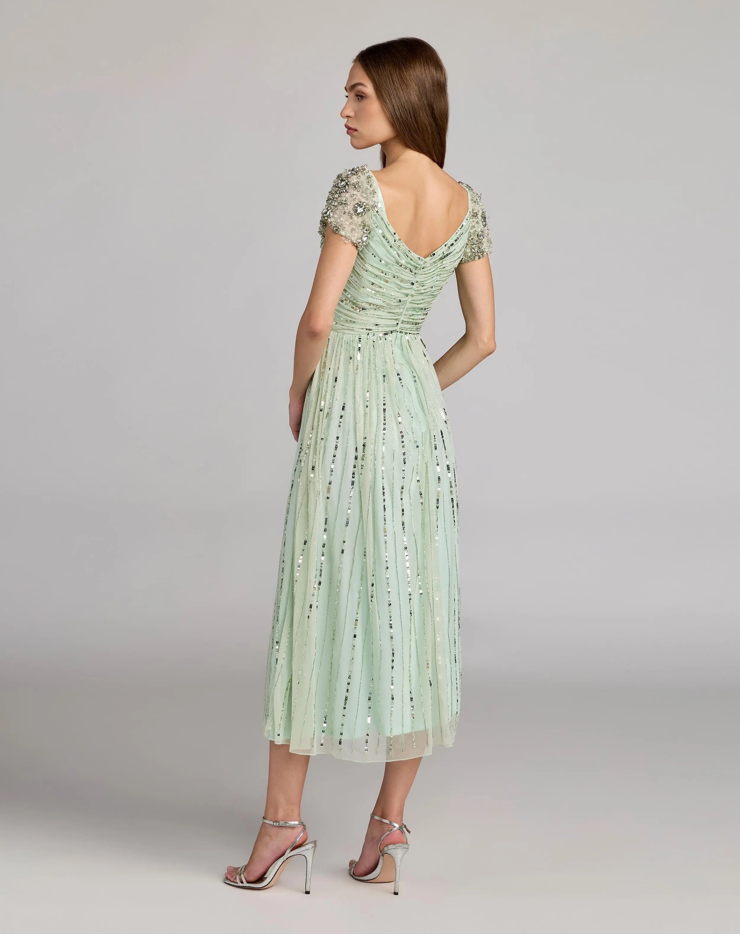 Green Sequin Jeweled V Neck Midi Dress Mac Duggal