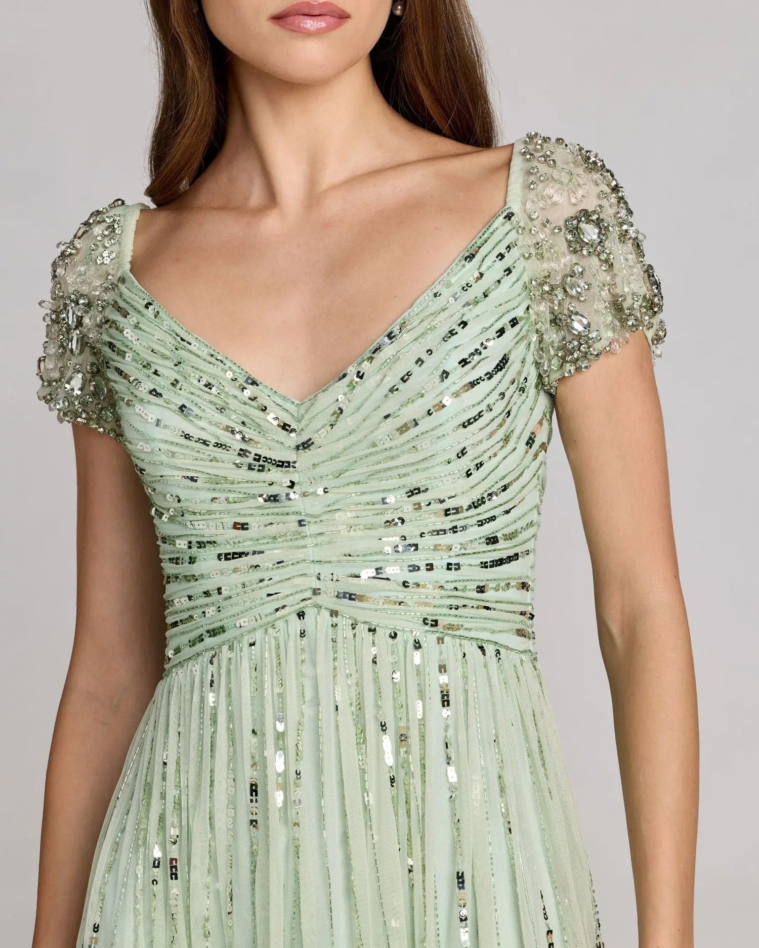 Green Sequin Jeweled V Neck Midi Dress Mac Duggal