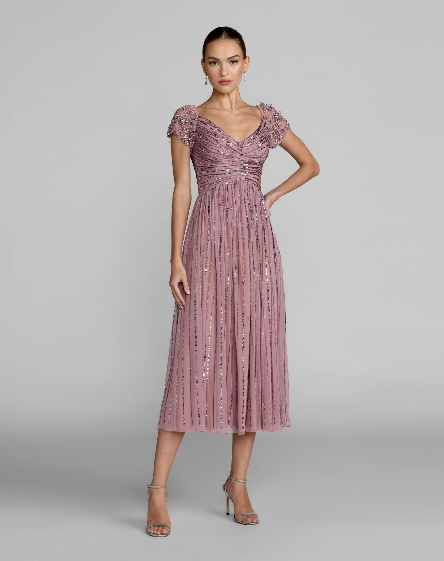 Purple Embellished Cap Sleeve Midi Dress - Mac Duggal