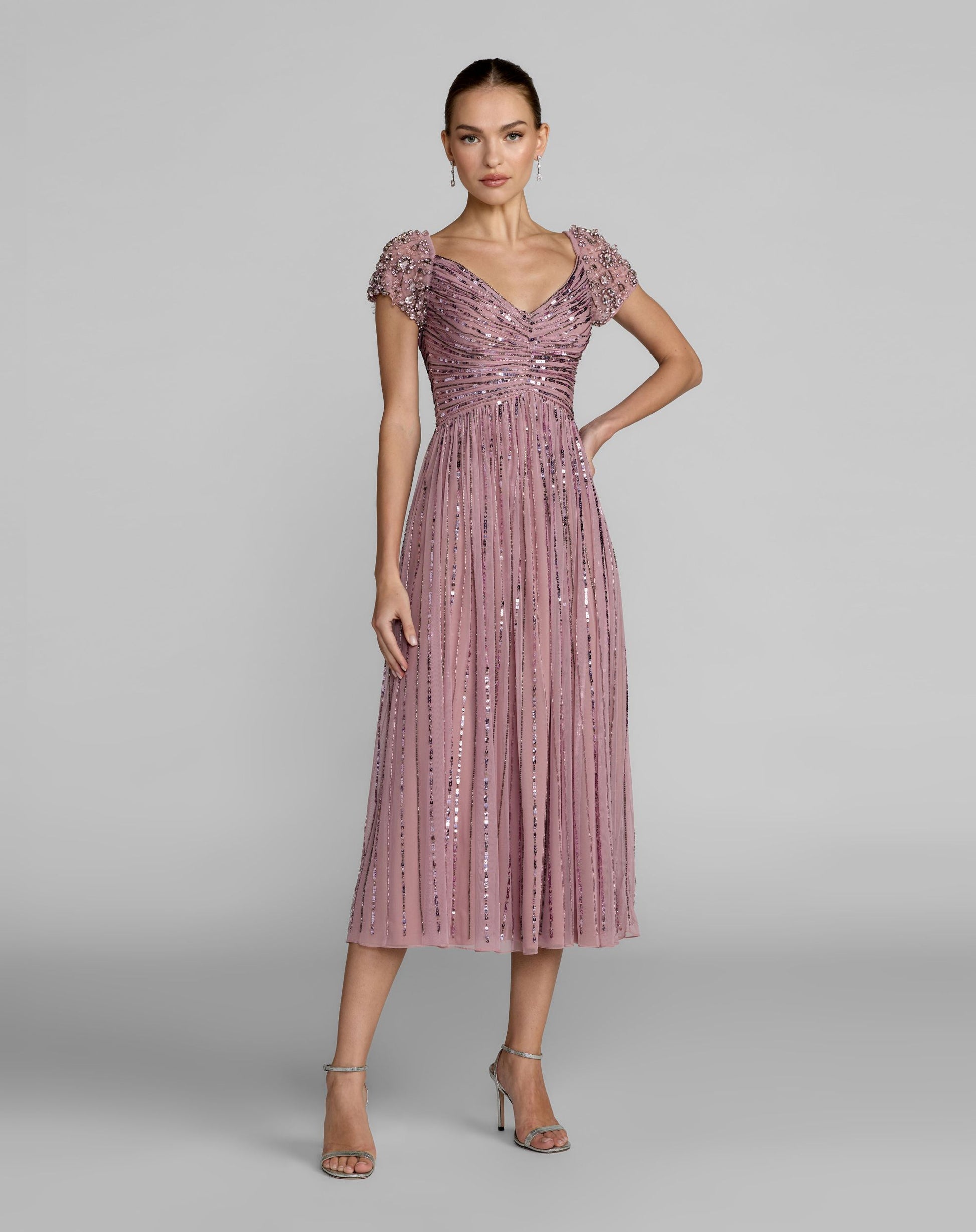 Purple Embellished Cap Sleeve Midi Dress - Mac Duggal