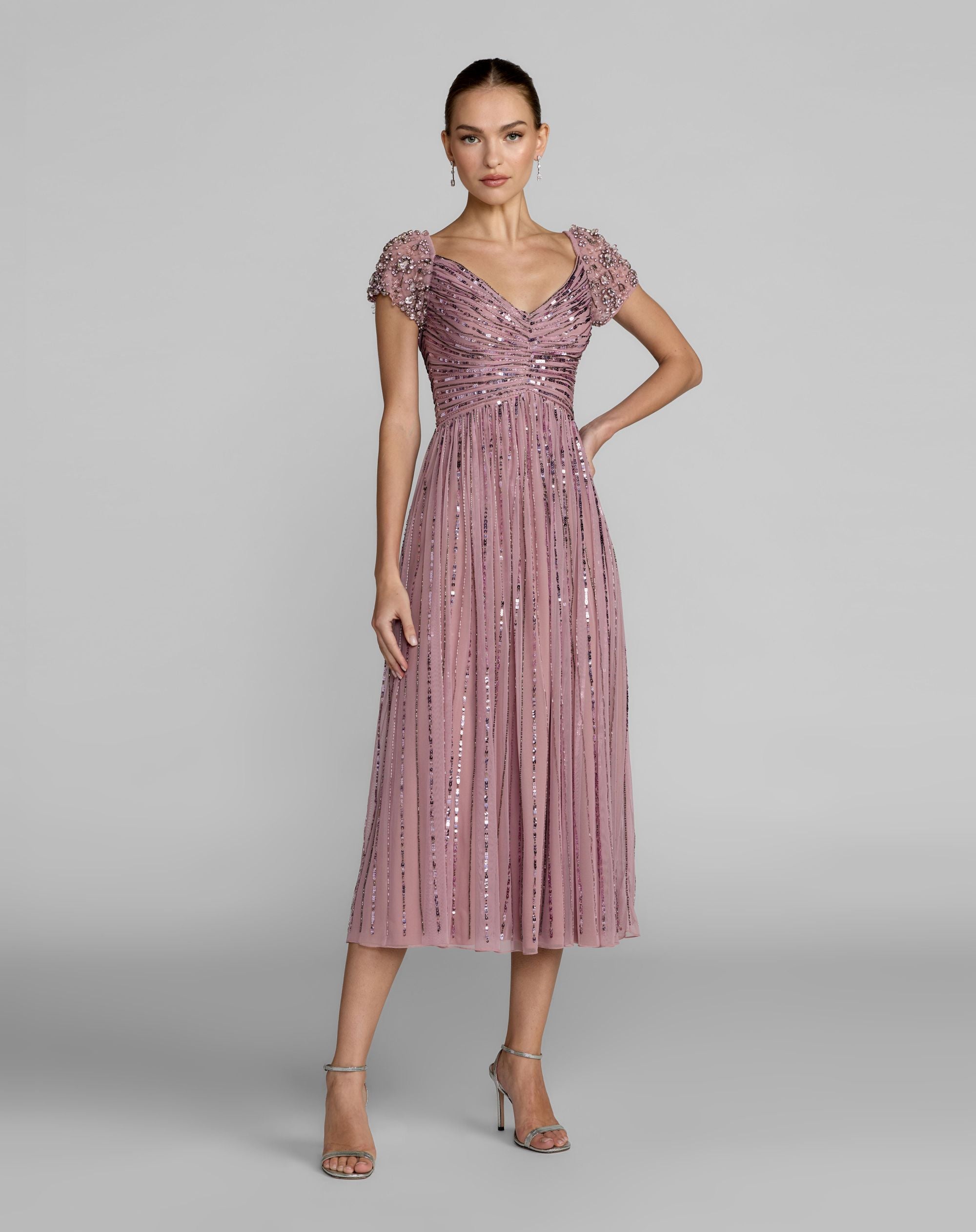 Purple Embellished Cap Sleeve Midi Dress - Mac Duggal