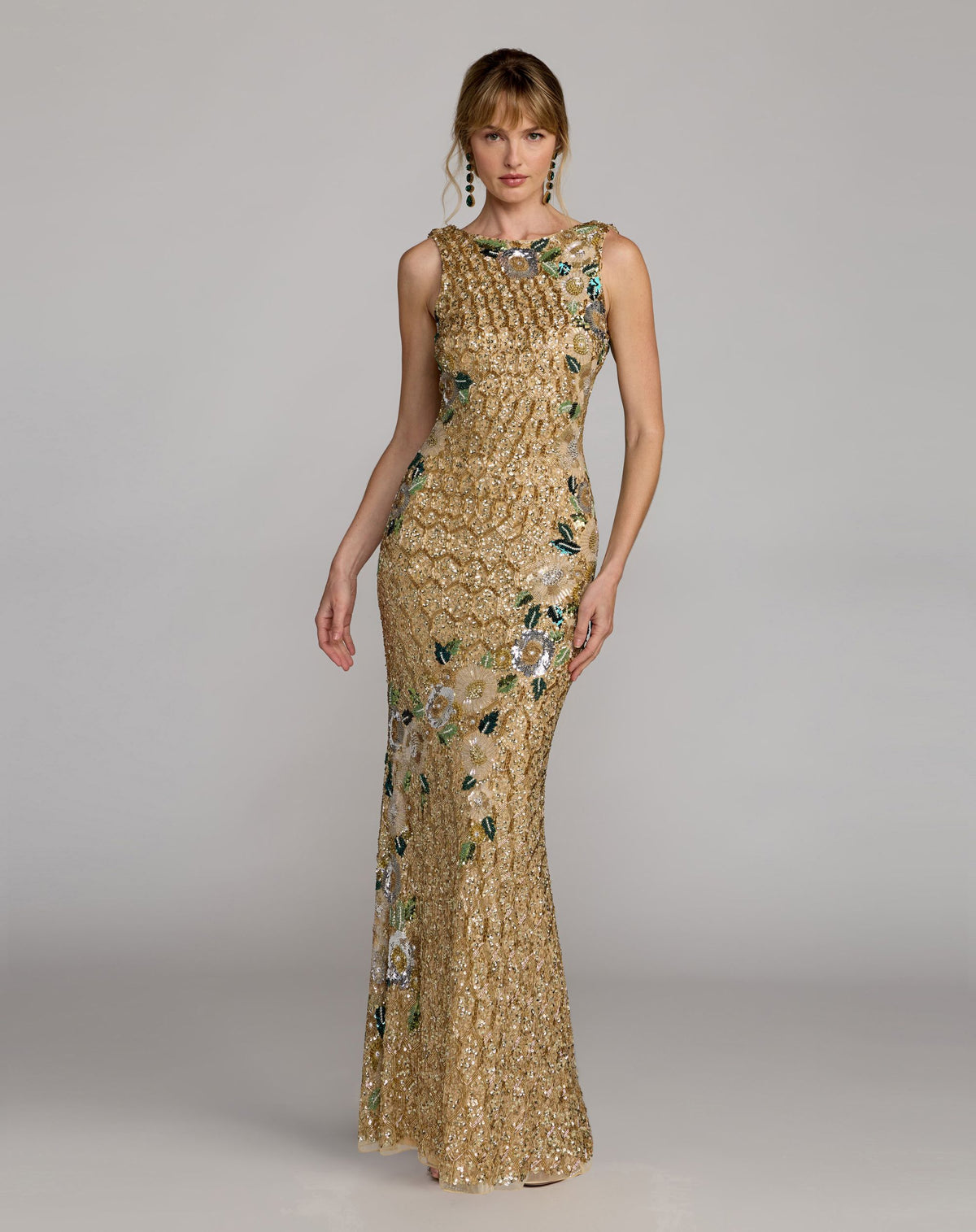 Gold Floral Embellished Sleeveless Cowl Back Gown - Mac Duggal